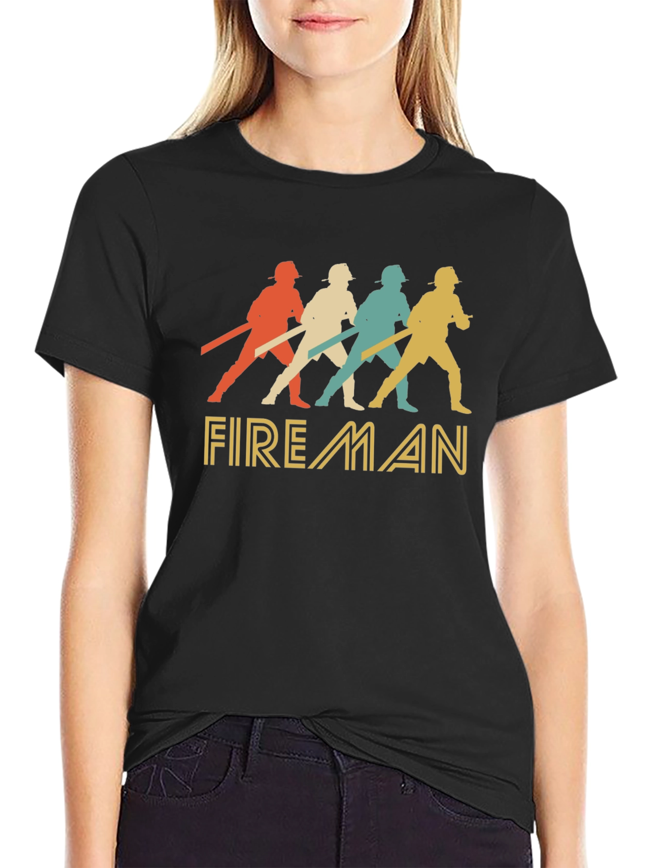 Black Retro Fireman Graphic Tee - Vintage Style Firefighter Shirt view 2