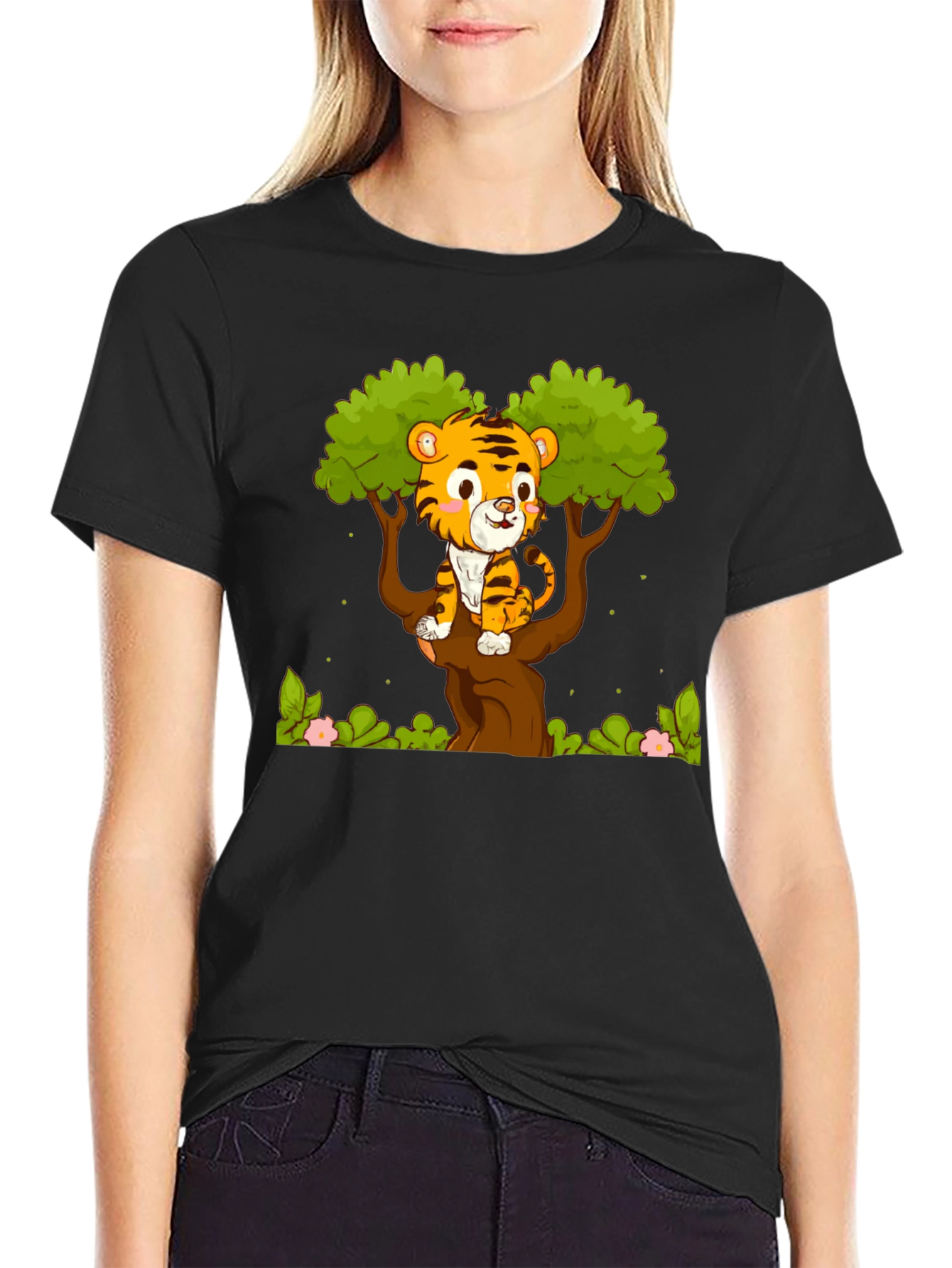 Black Cute Tiger Cub in Tree Graphic T-Shirt view 2