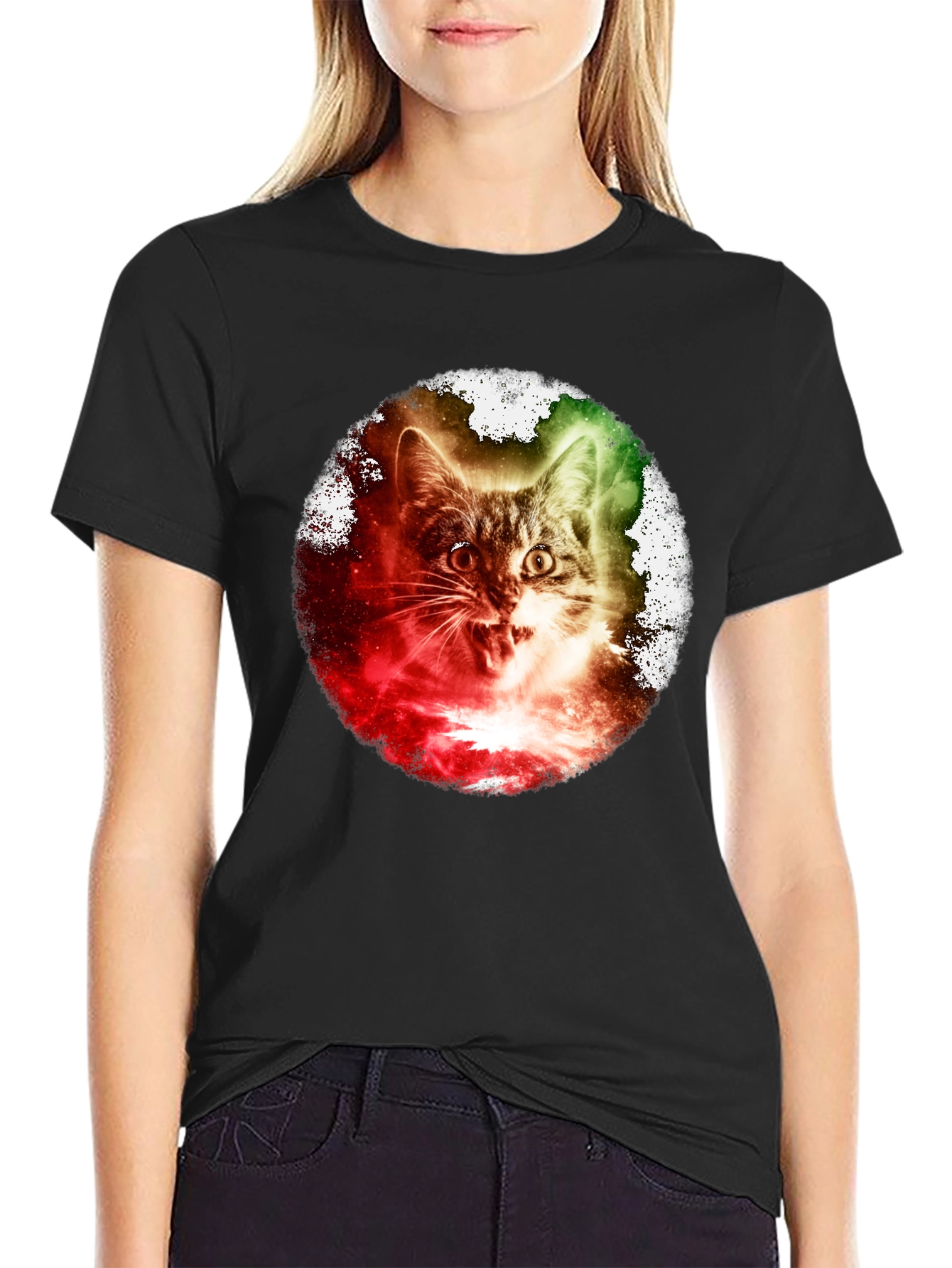 Black Galaxy Cat Graphic Tee - Unique Space Kitten T-Shirt view 2