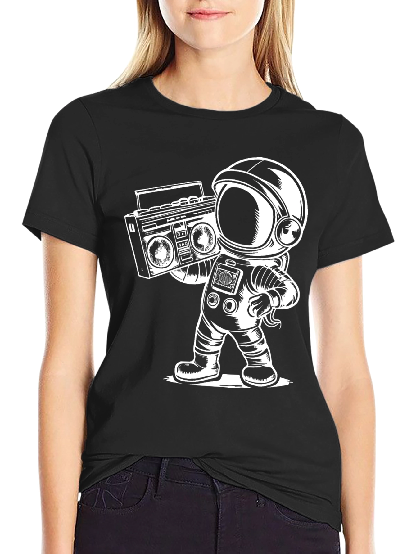 Black Retro Astronaut Boombox T-Shirt view 2