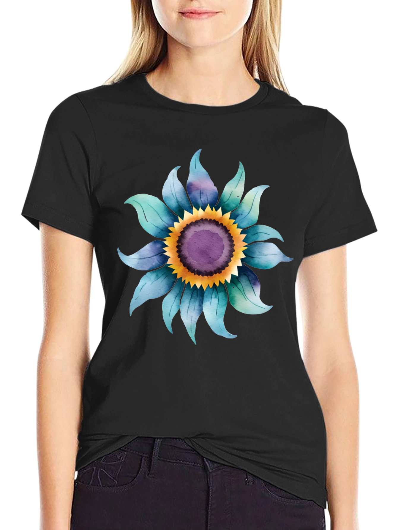 Black Blue Sunflower Graphic Tee - Soft Cotton Blend view 2