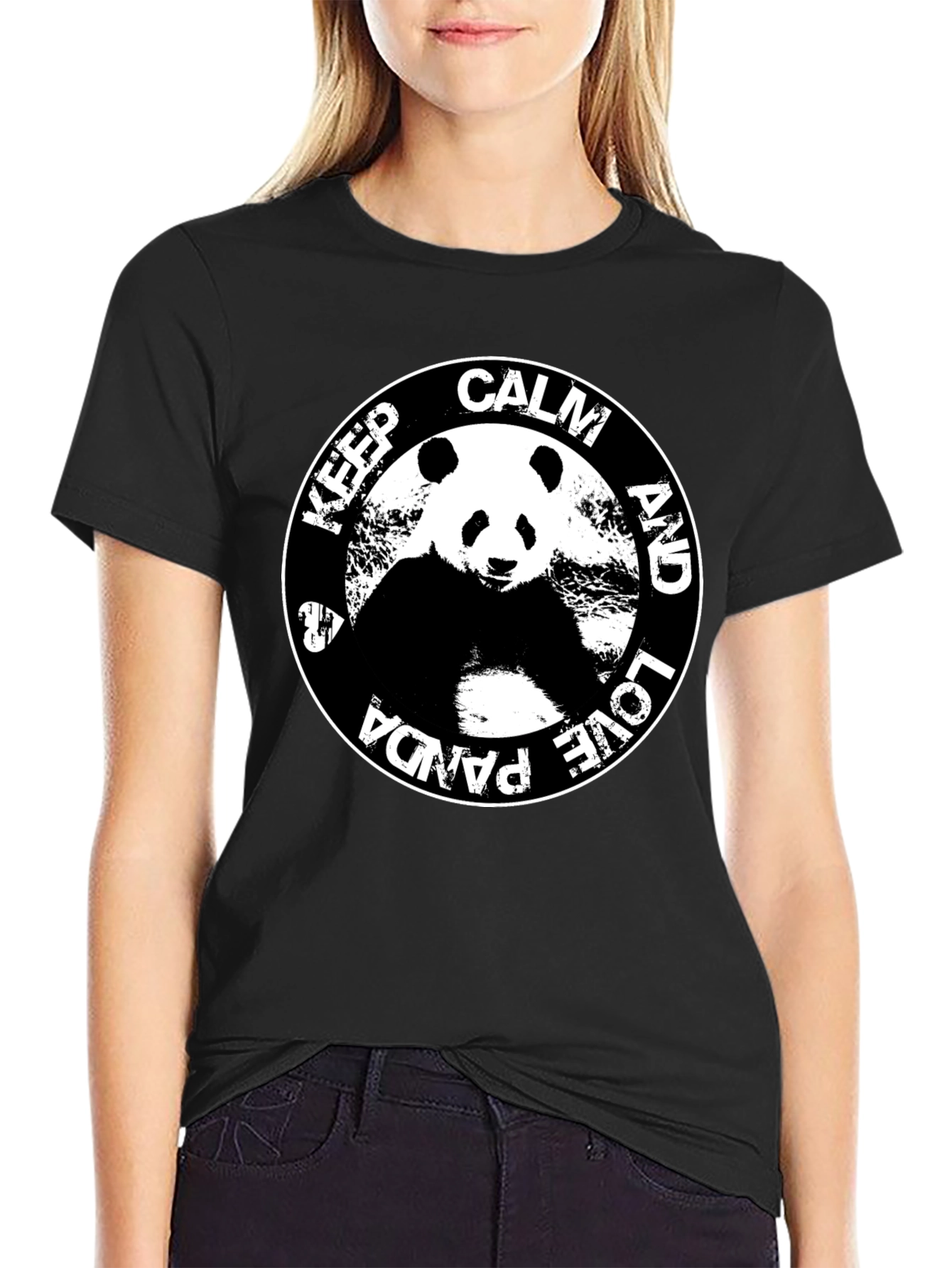 Black Keep Calm & Love Panda T-Shirt - Black Cotton Tee view 2