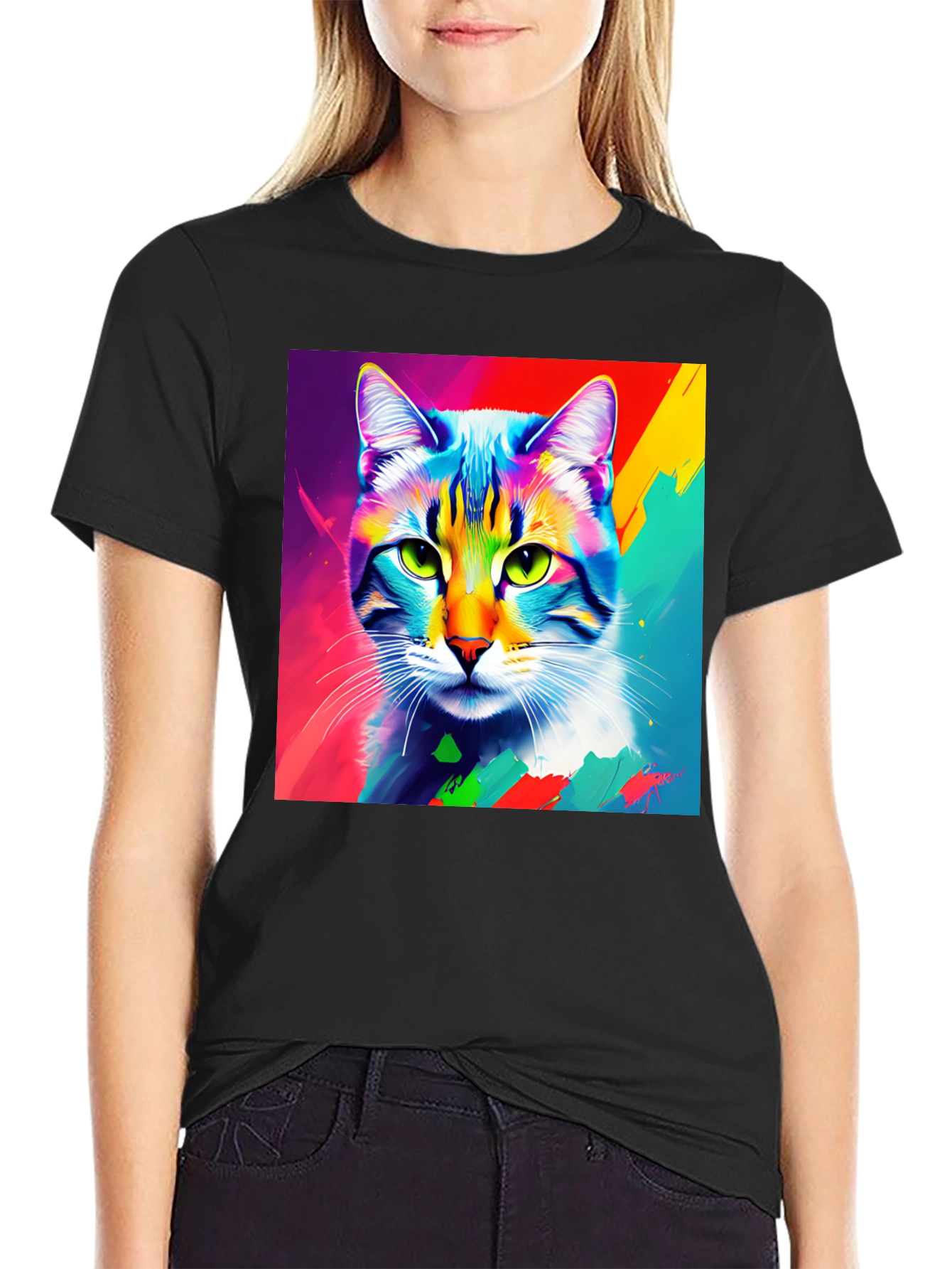 Black Vibrant Cat Portrait Graphic Tee - Stylish Crew Neck T-Shirt view 2