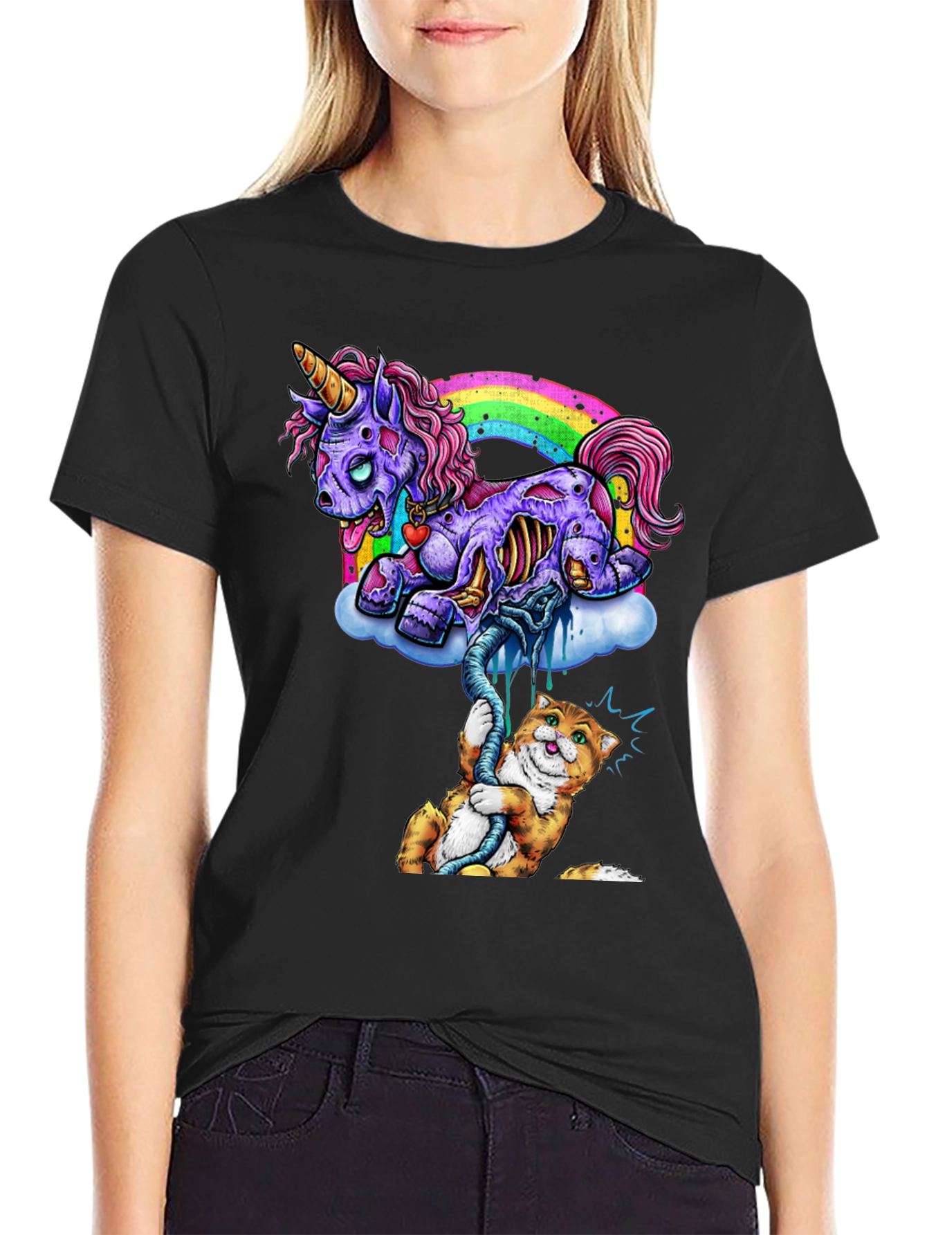 Black Zombie Unicorn & Cat Graphic Tee view 2