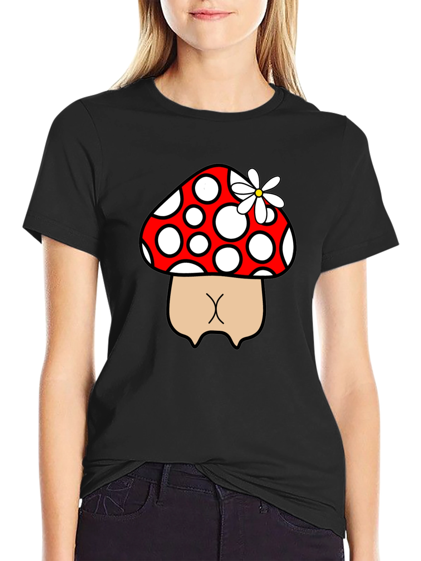 Black Mushroom Butt Funny Graphic Tee - Black view 2