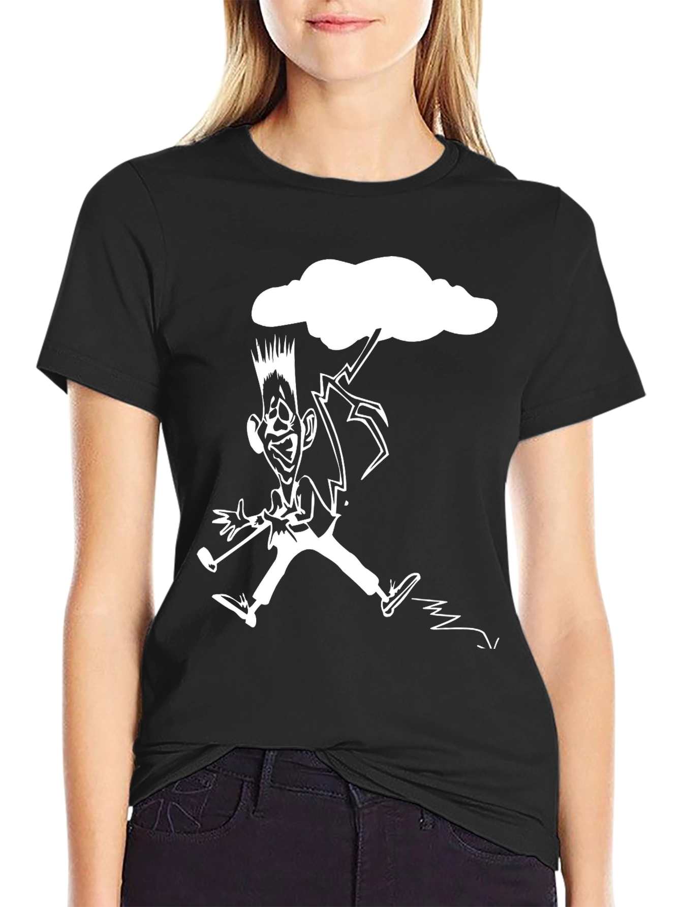 Black Black T-Shirt with Funny Lightning Cartoon view 2