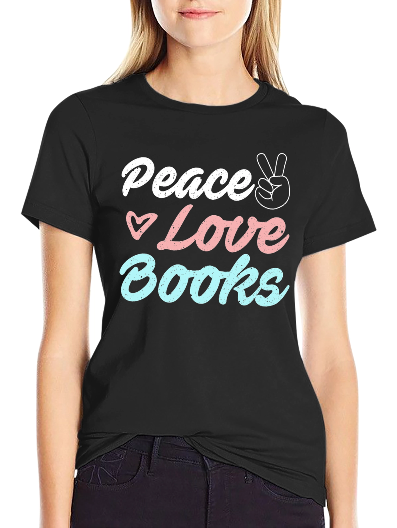 Black Peace Love Books T-Shirt - Unisex Black Tee view 2