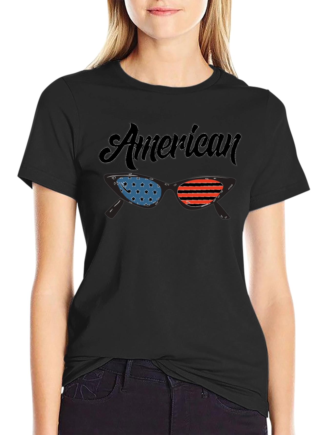 Black American Flag Sunglasses Graphic T-Shirt view 2