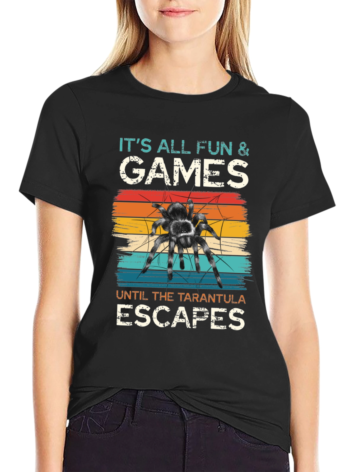 Black Tarantula Escape Black T-Shirt - Fun & Games Design view 2
