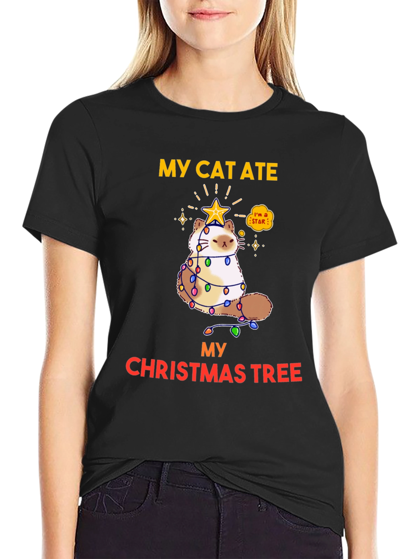 Black My Cat Ate My Christmas Tree T-Shirt view 2
