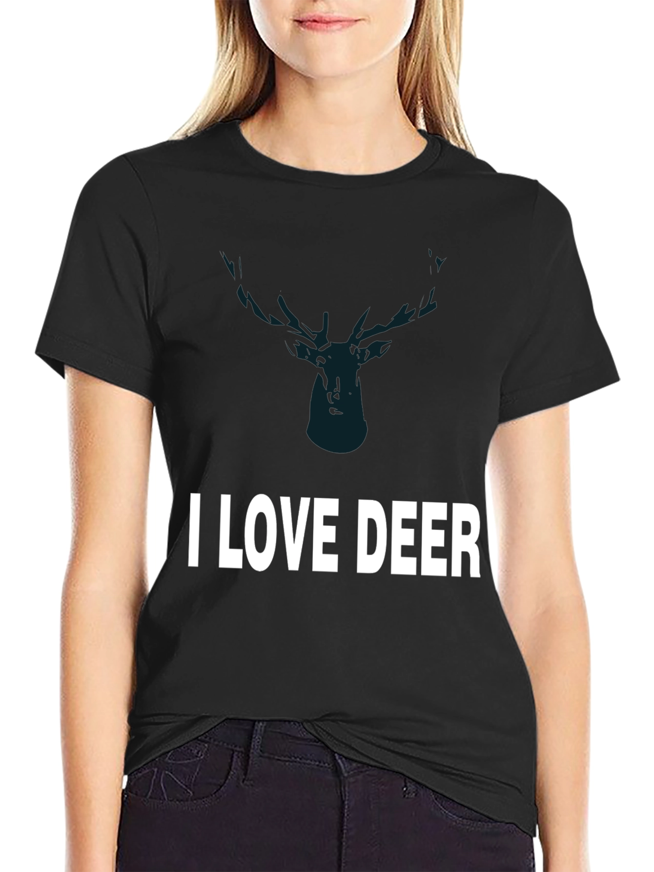 Black I Love Deer Graphic Tee - Black Cotton T-Shirt view 2