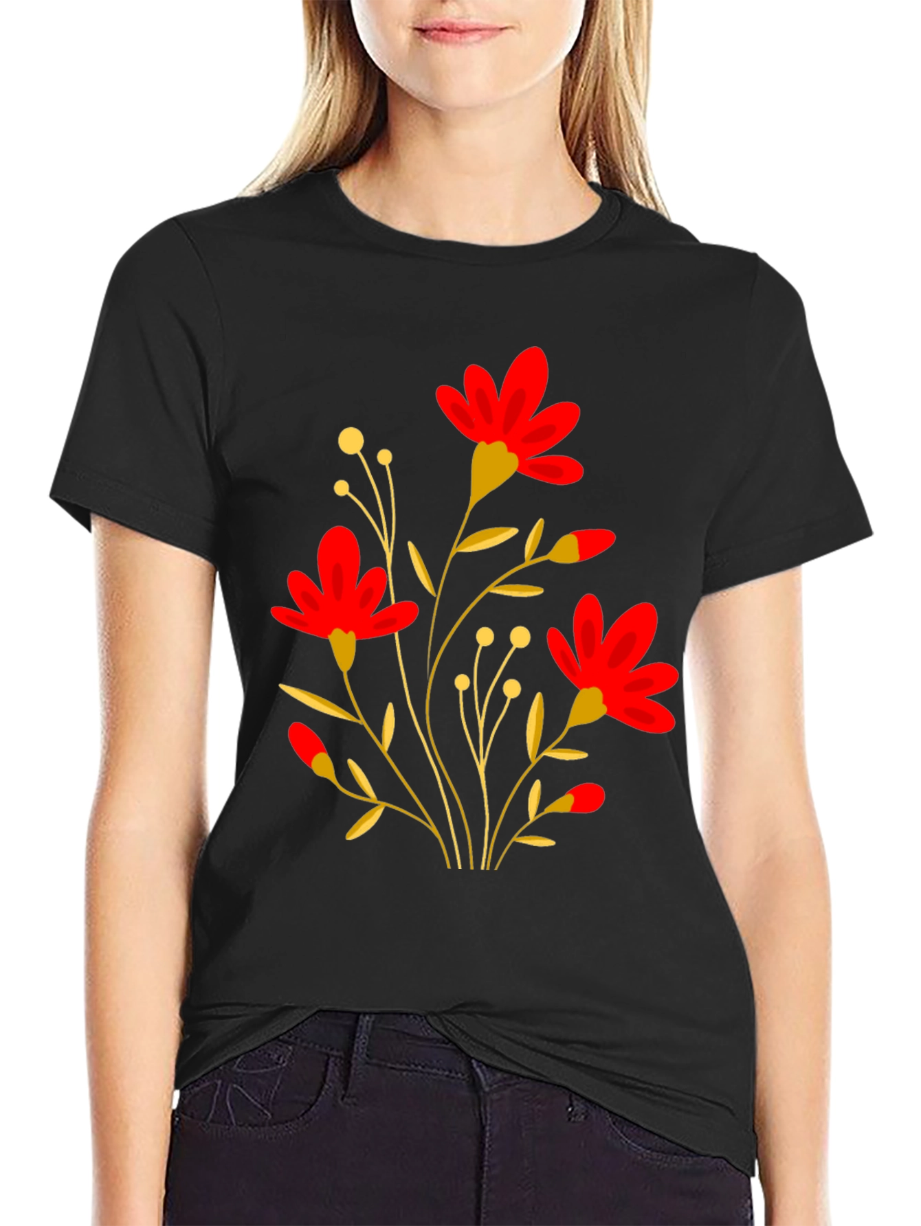 Black Floral Graphic Black T-Shirt view 2