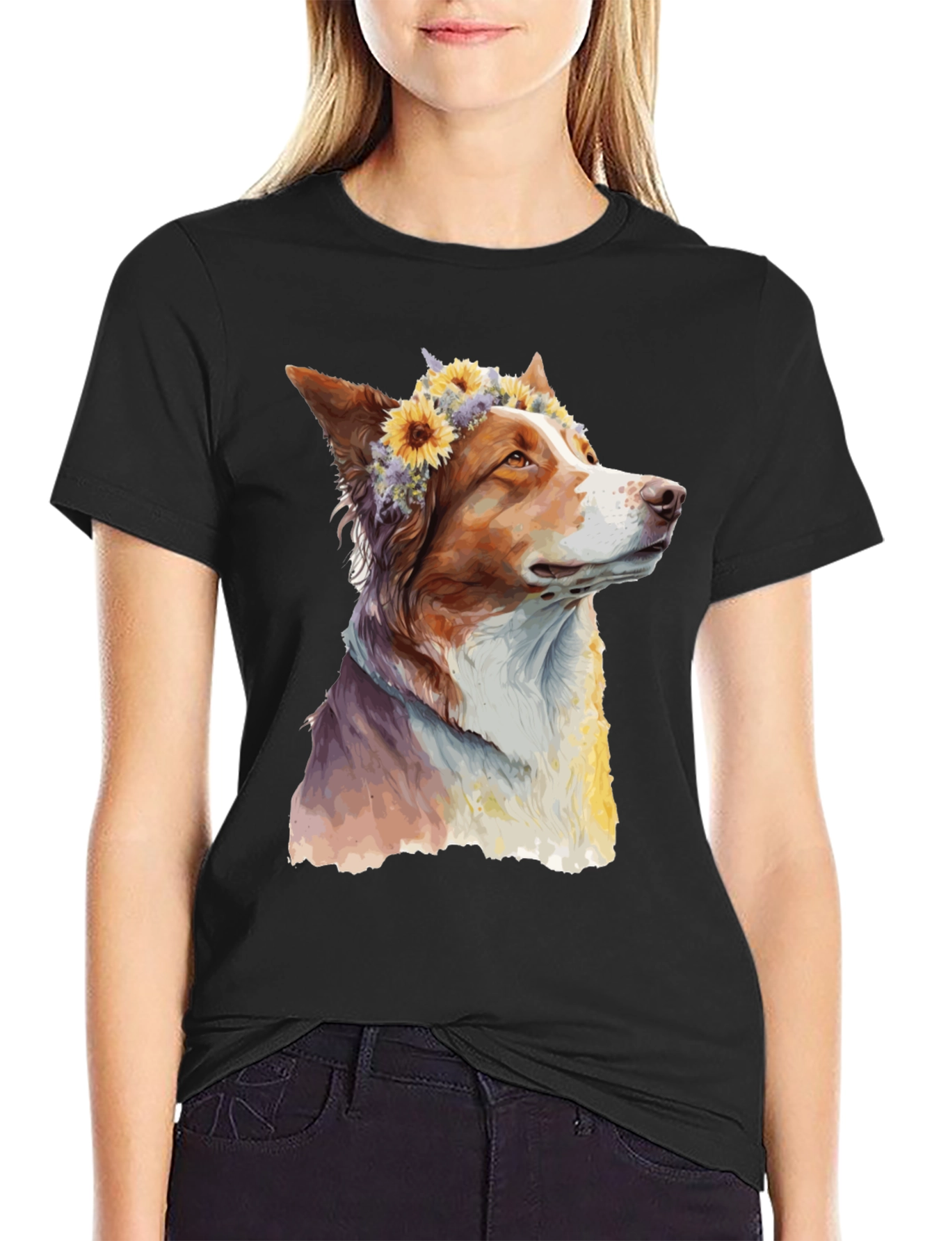 Black Dog with Flowers Graphic Tee - Artistic Print view 2