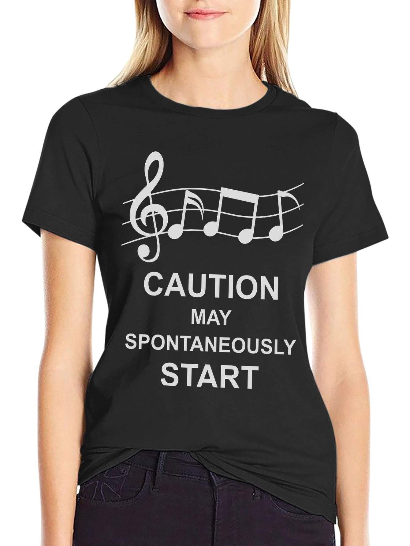 Black Caution May Spontaneously Start Music T-Shirt view 2