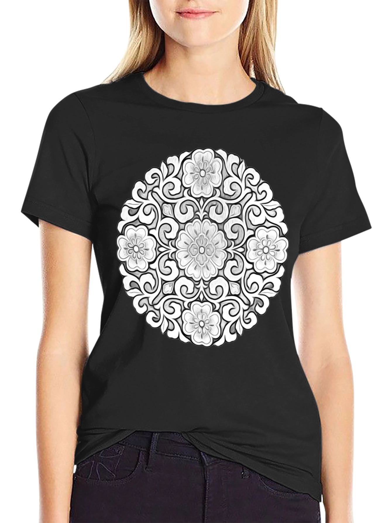 Black Floral Mandala Graphic Tee - Modern Black T-Shirt view 2