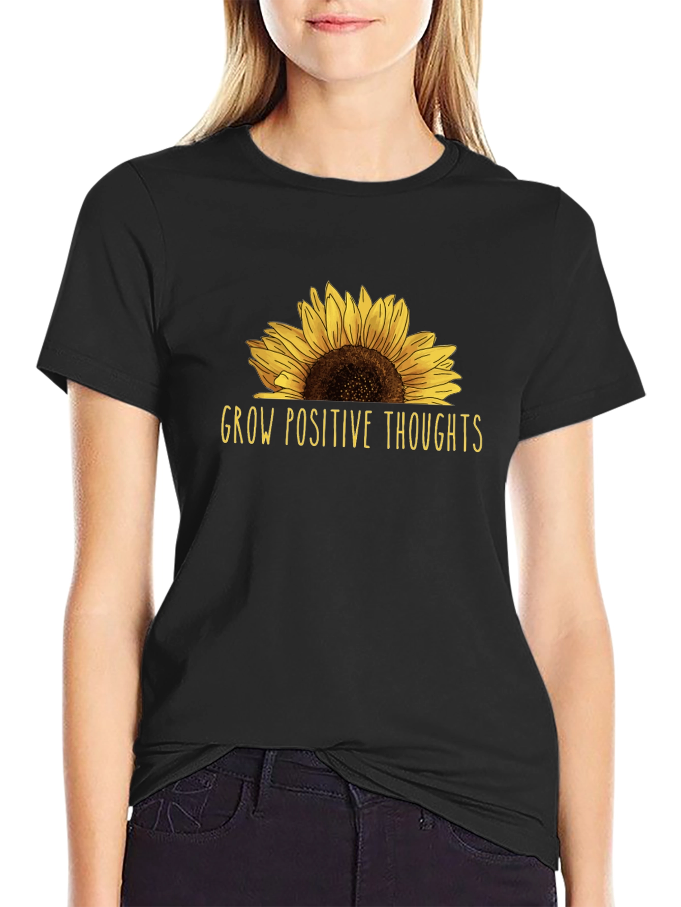Black Grow Positive Thoughts Sunflower Graphic Tee view 2