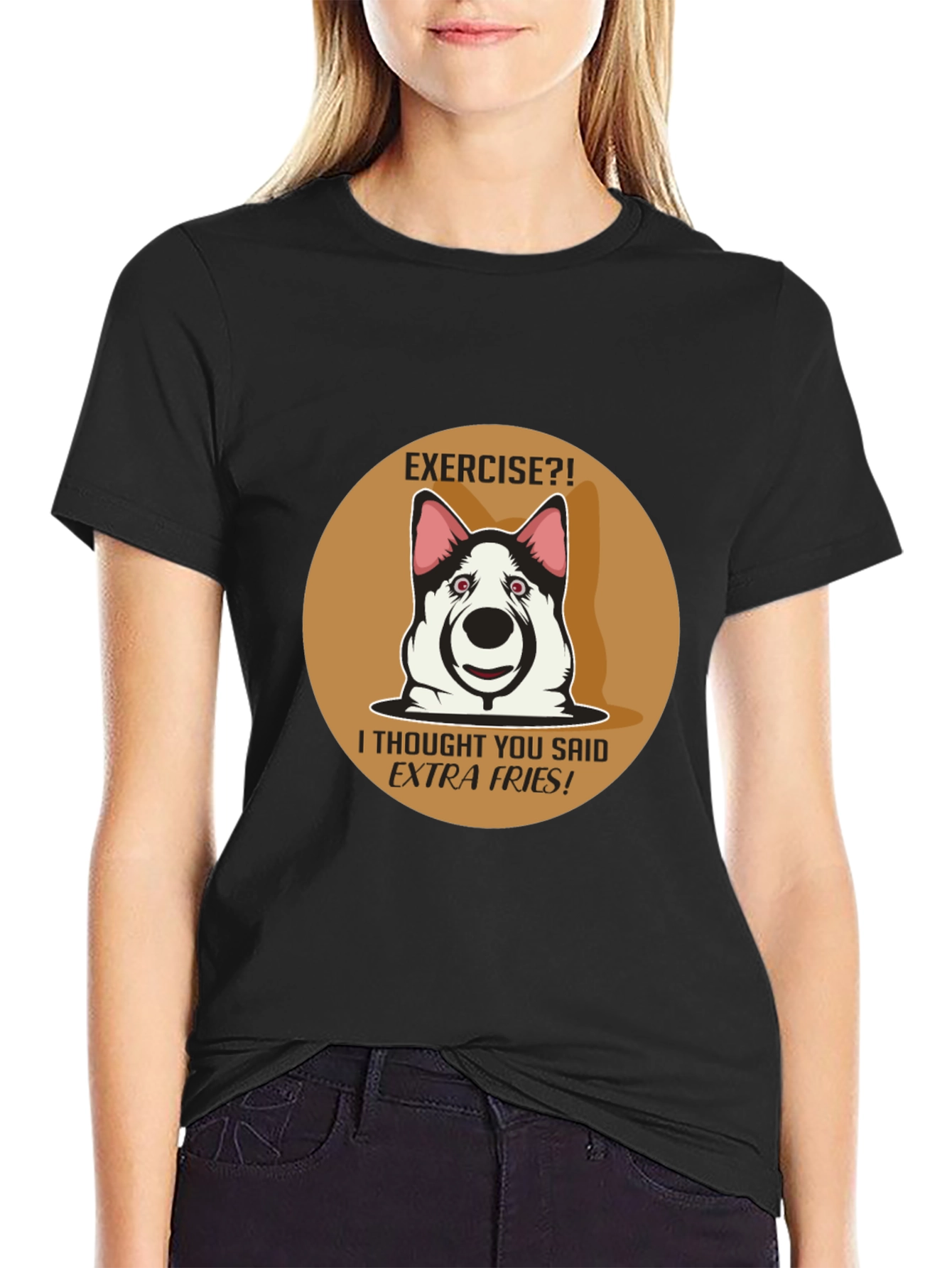 Black Exercise? Extra Fries! Funny Dog T-Shirt view 2
