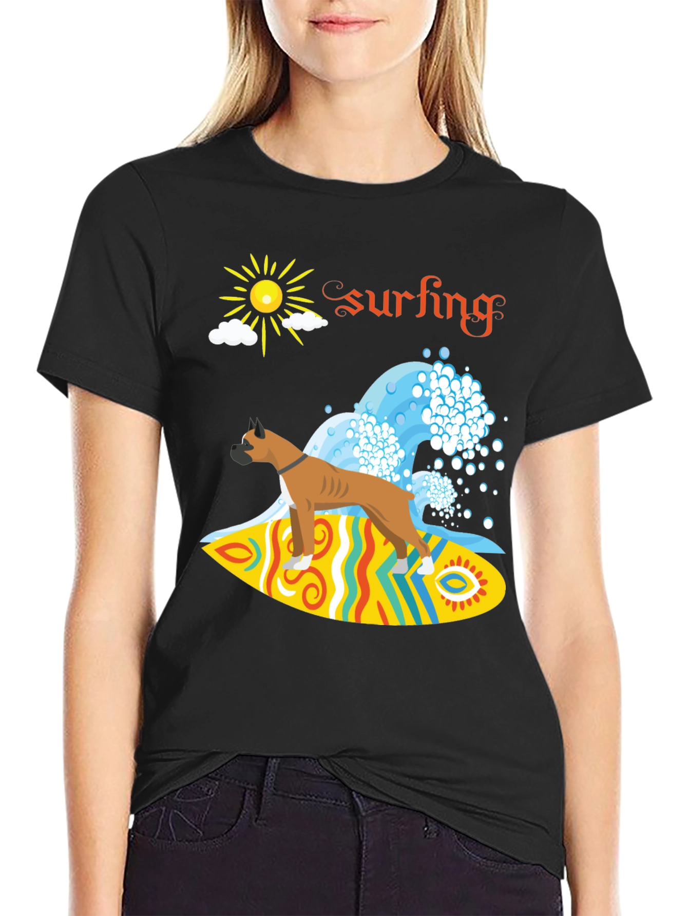 Black Surfing Boxer Dog Graphic Tee view 2