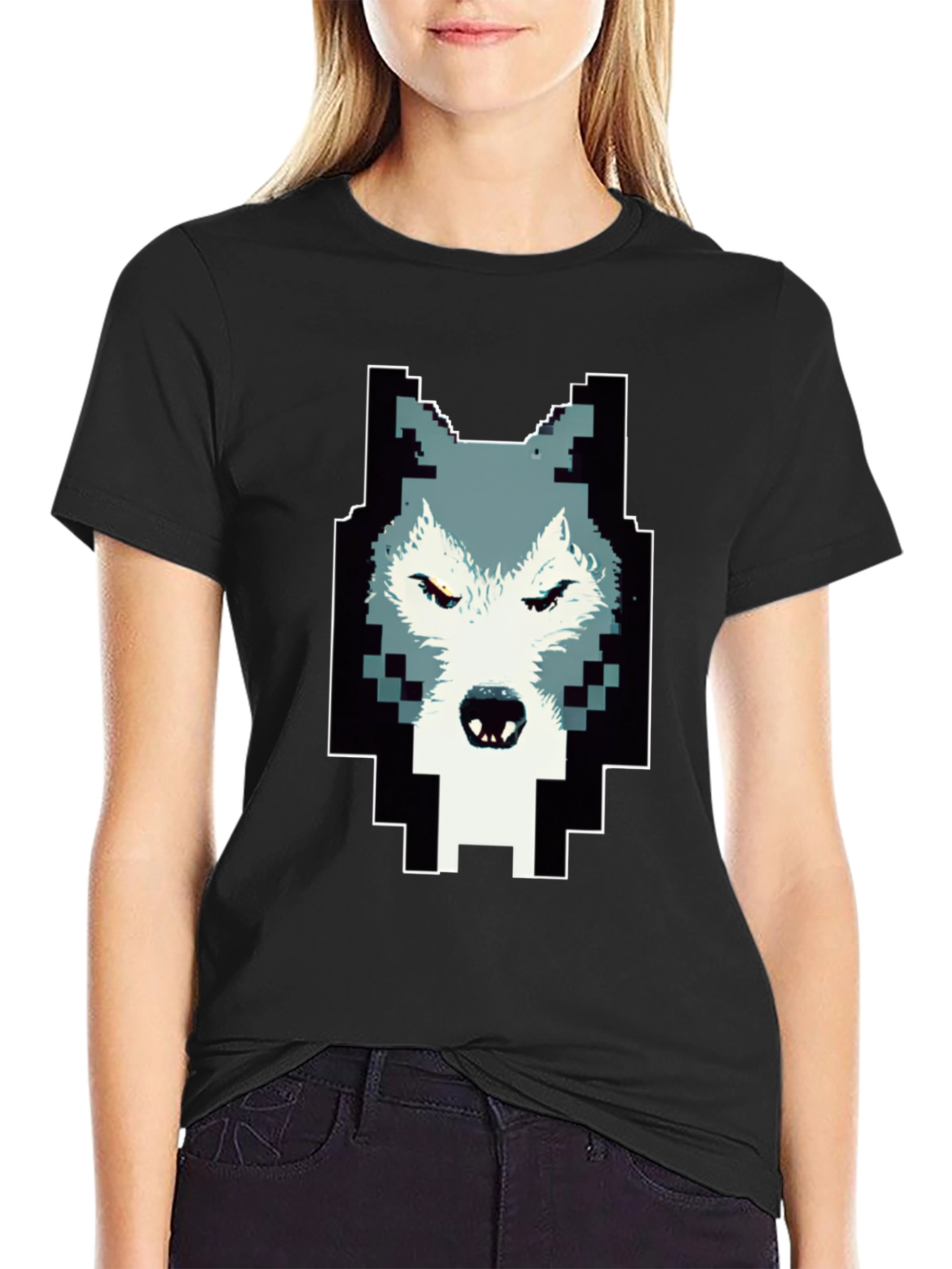 Black Pixelated Wolf Graphic Tee - Cool Design view 2