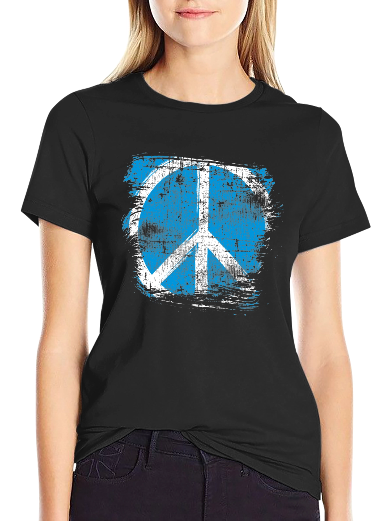 Black Distressed Peace Sign Graphic T-Shirt view 2