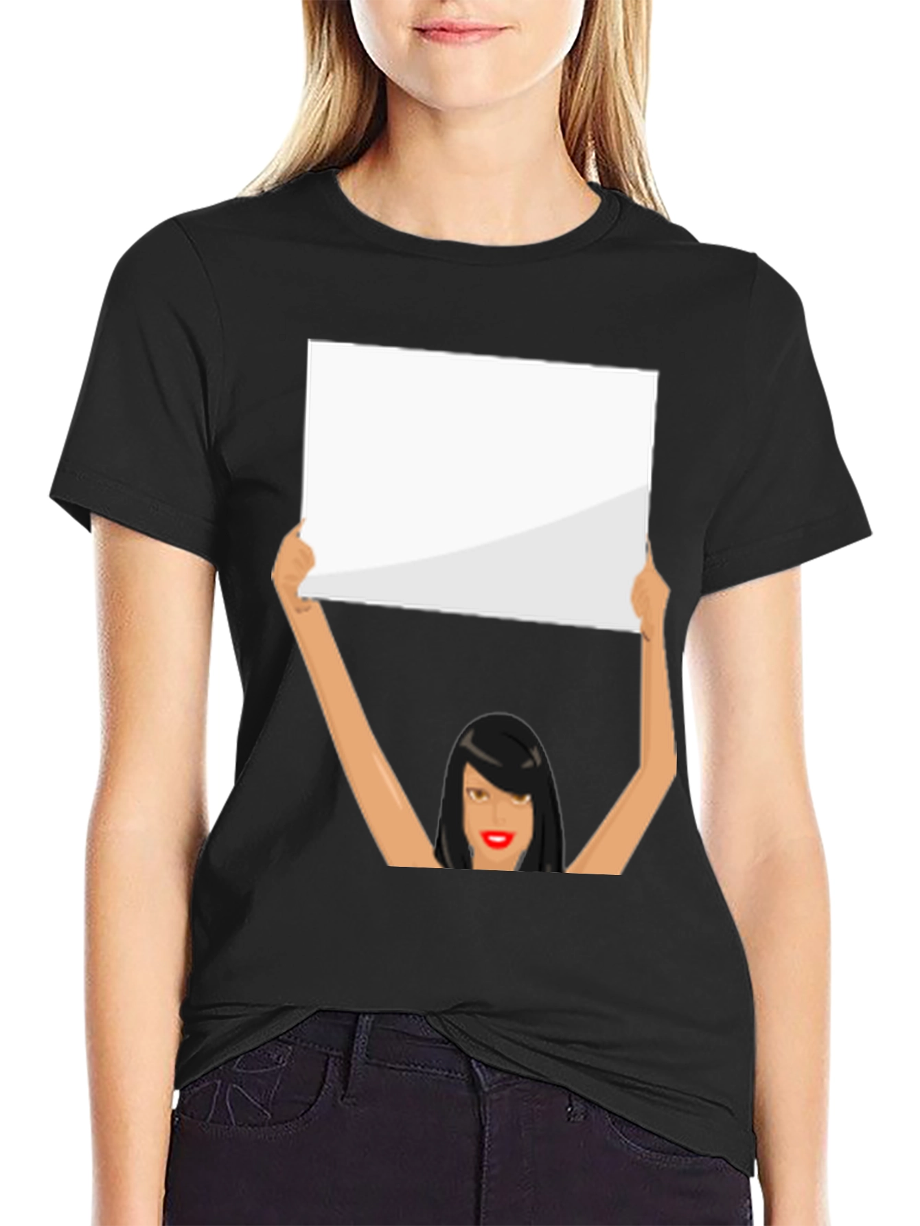 Black Novelty Graphic Tee: Woman Holding Sign view 2