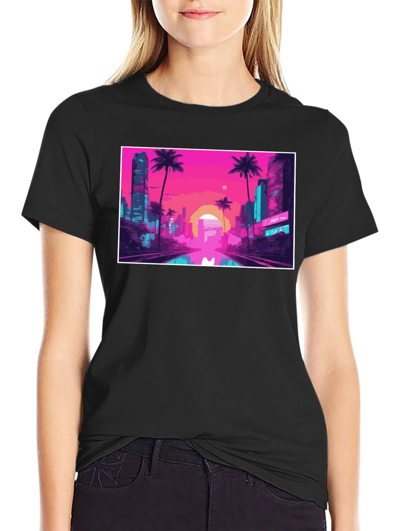 Black Vaporwave City T-Shirt - Retro Aesthetic Tee view 2