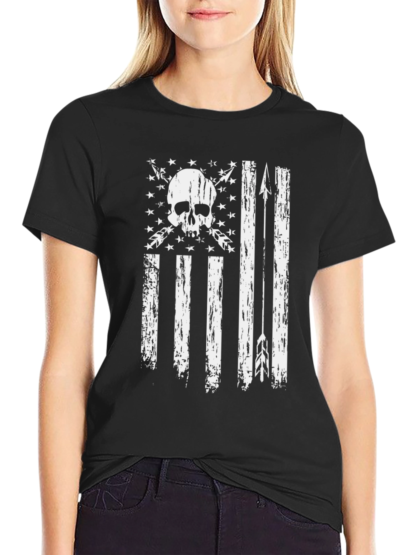 Black American Flag Skull & Arrows Graphic Tee view 2