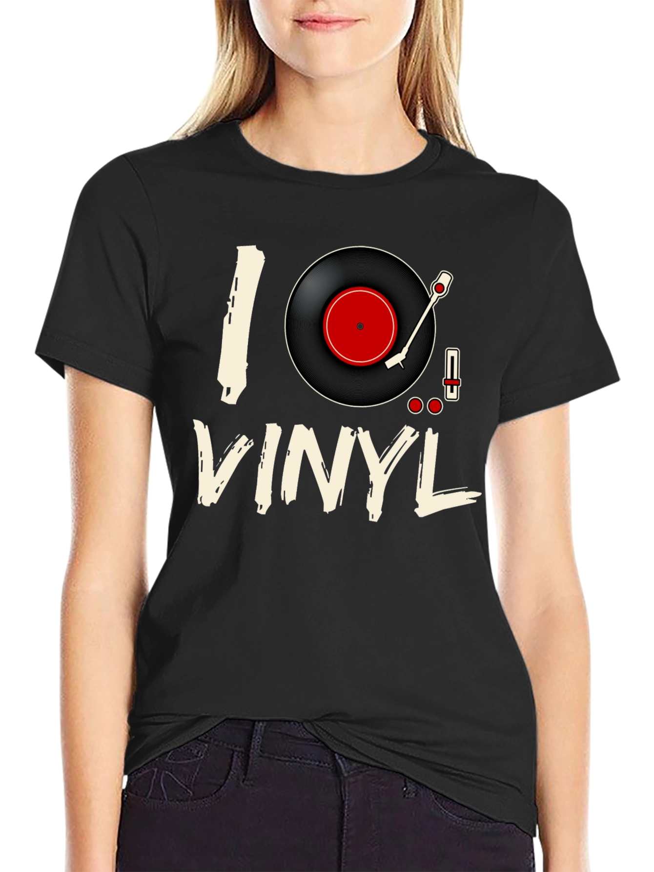 Black I Love Vinyl Black T-Shirt - Music Lover Tee view 2