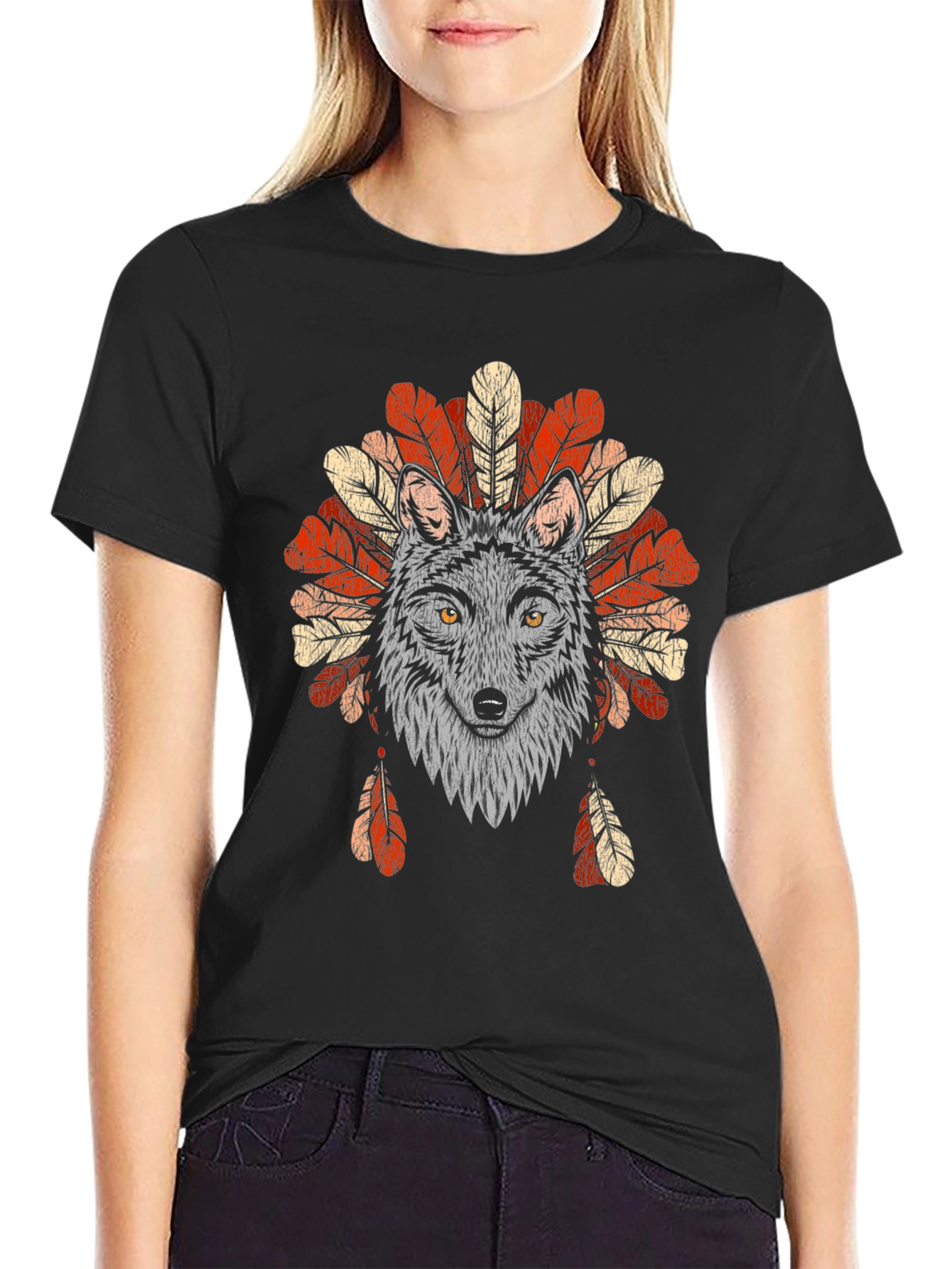 Black Wolf Headdress Graphic Tee - Native American Style T-Shirt view 2