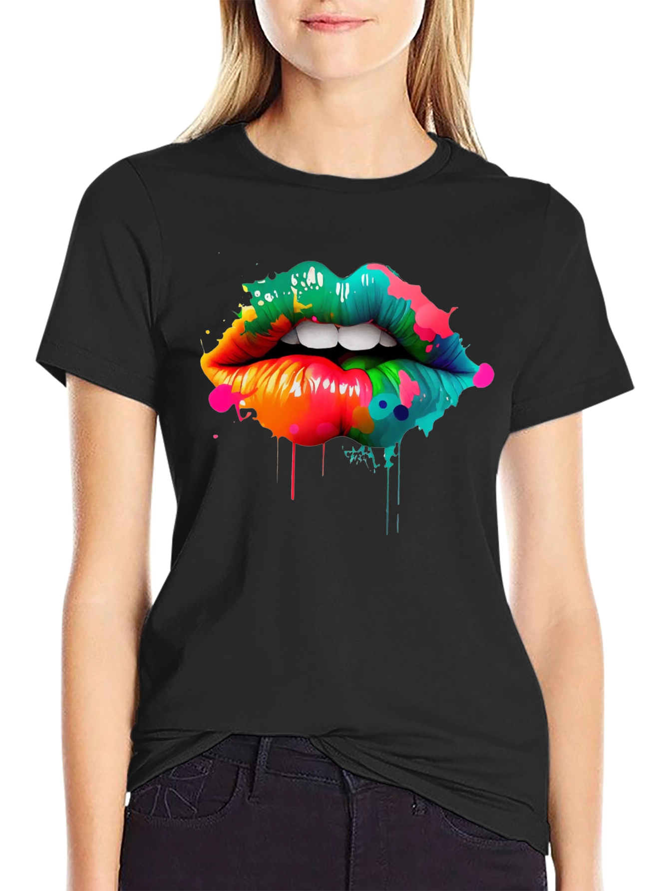 Black Colorful Lips Graphic Print T-Shirt view 2