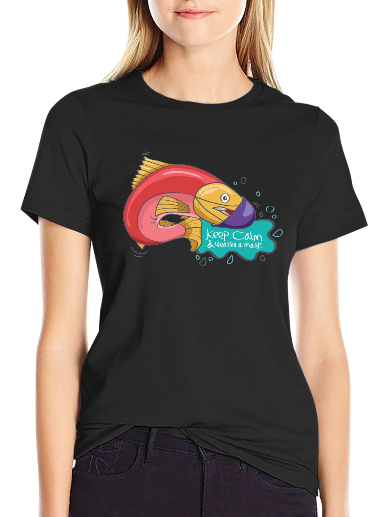 Black Funny Fish Wearing Mask Graphic T-Shirt view 2
