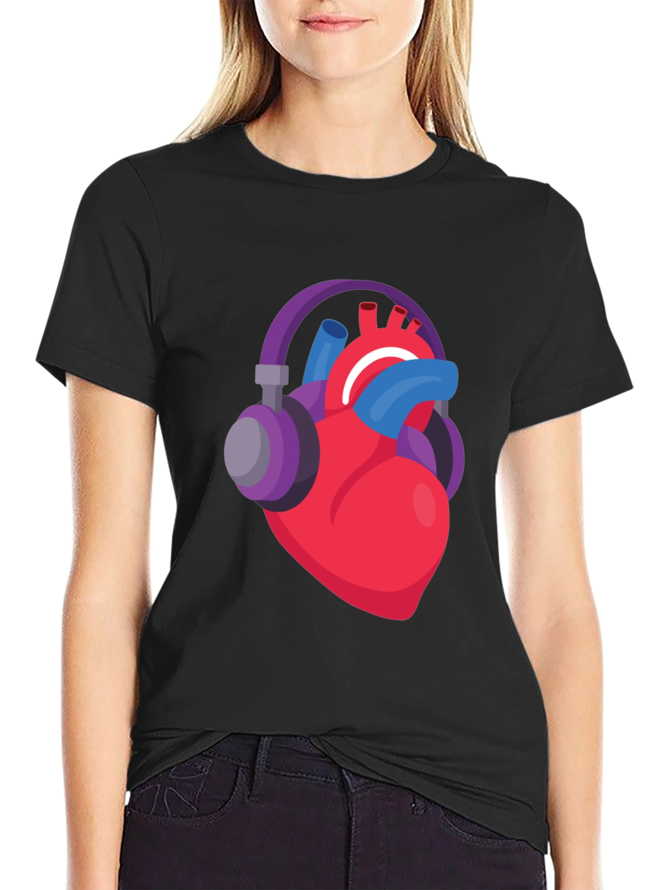 Black Heartbeat Headphones Graphic Tee - Music Lover Shirt view 2
