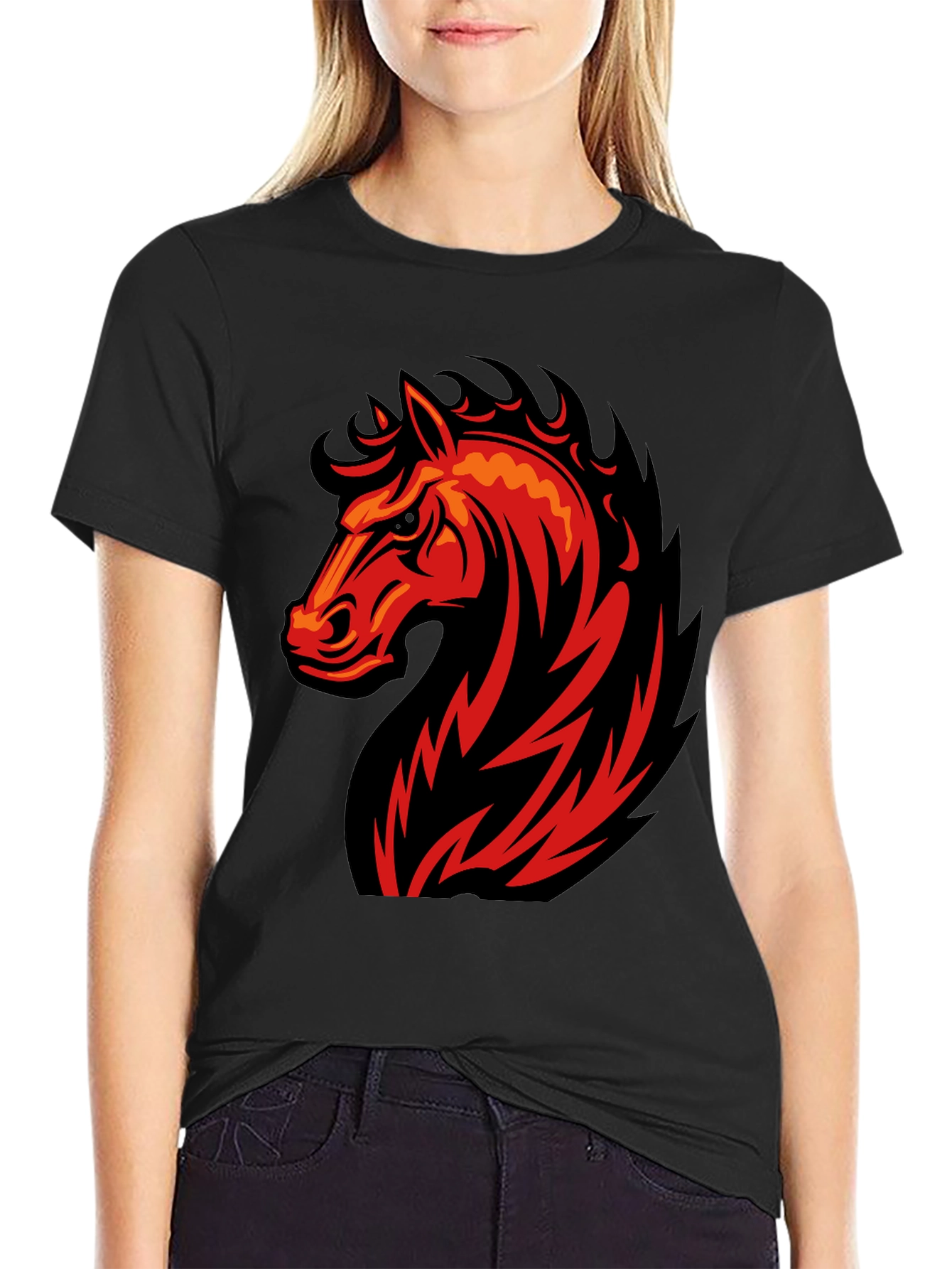 Black Black T-Shirt with Fiery Horse Graphic view 2