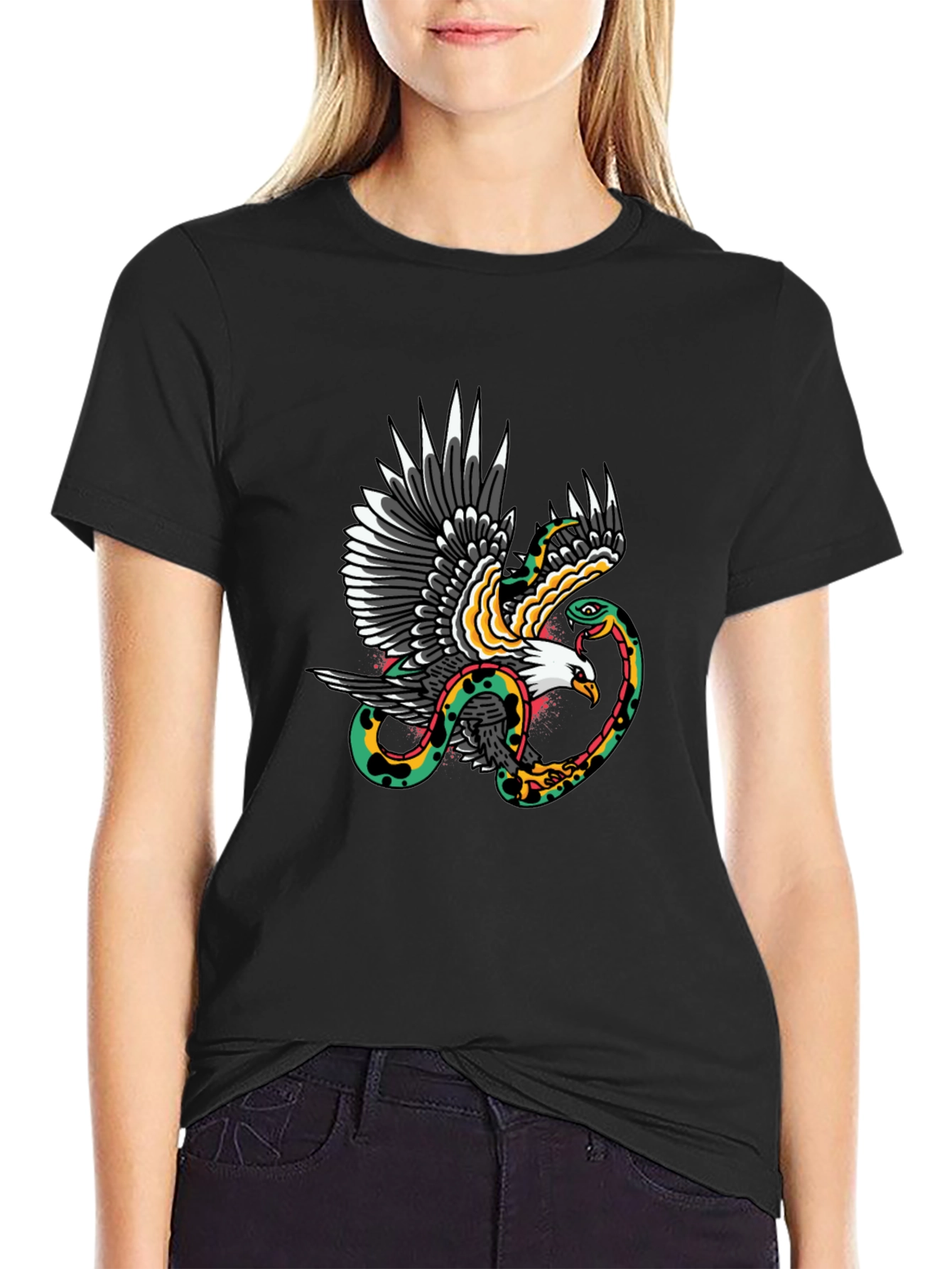 Black Eagle & Snake Graphic Print Black T-Shirt view 2