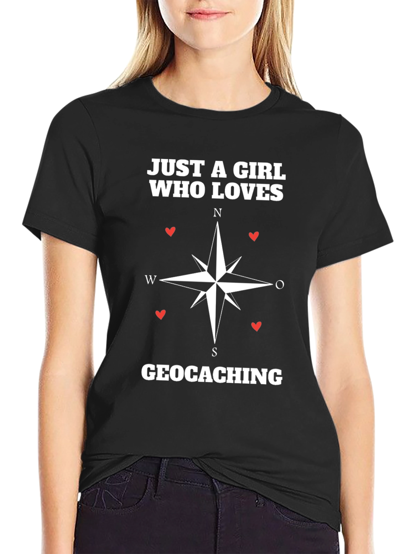 Black Geocaching Compass Rose Graphic T-Shirt view 2