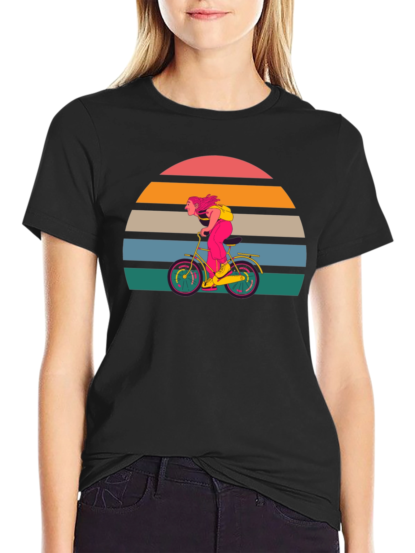 Black Retro Sunset Cyclist T-Shirt - Black view 2