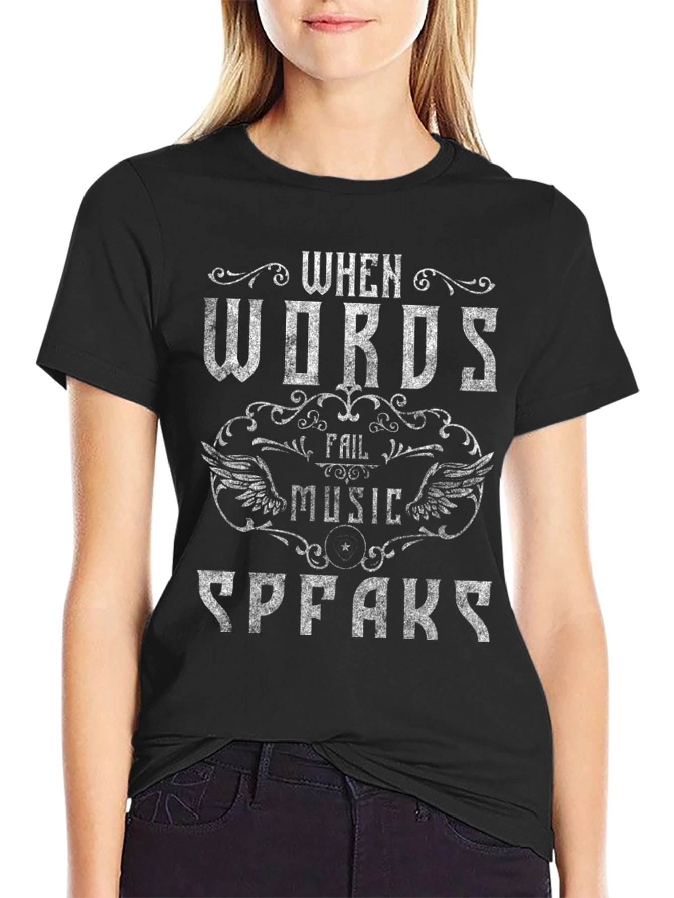 Black When Words Fail Music Speaks Graphic Tee view 2