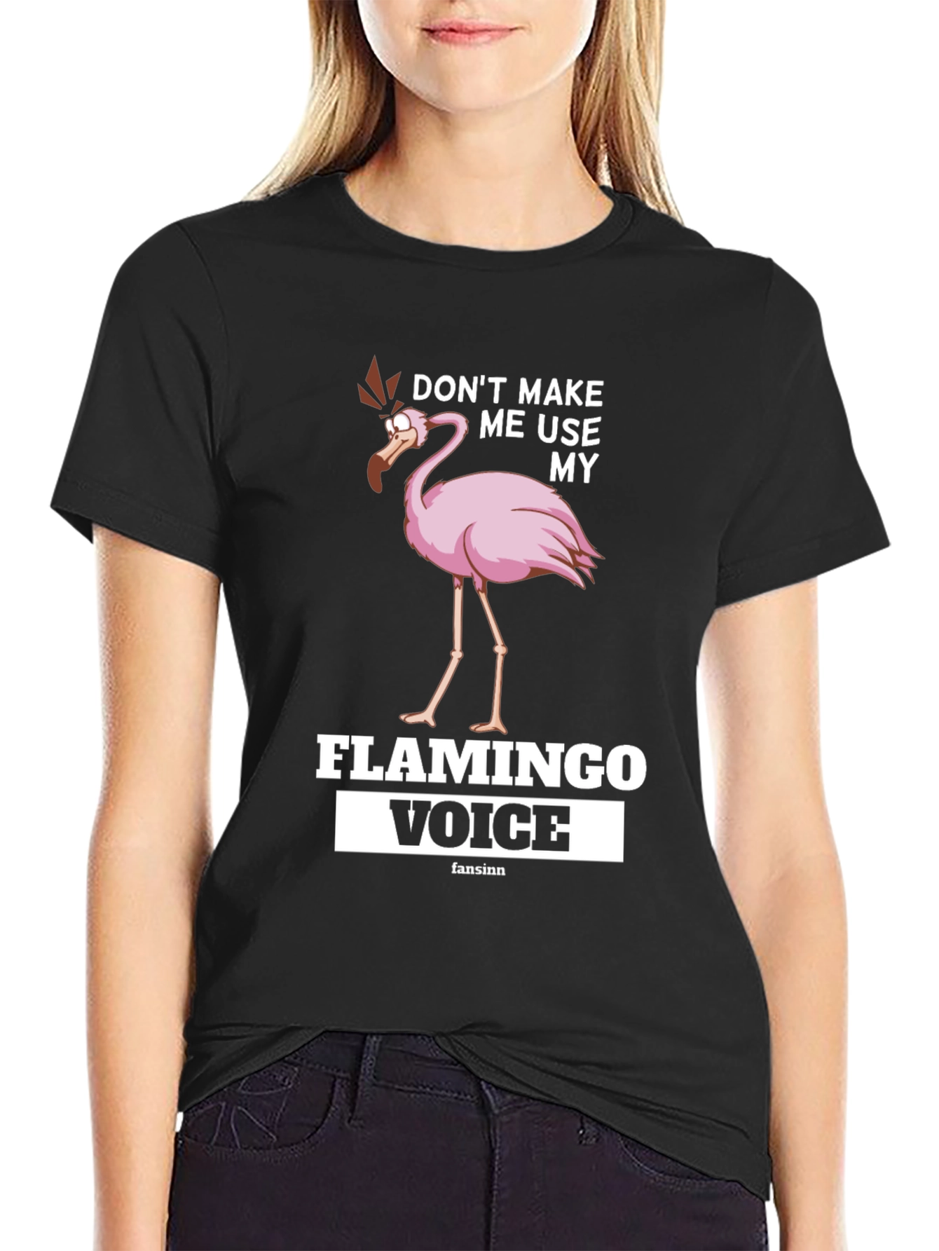 Black Funny Flamingo T-Shirt: Don't Make Me Use My Flamingo Voice view 2