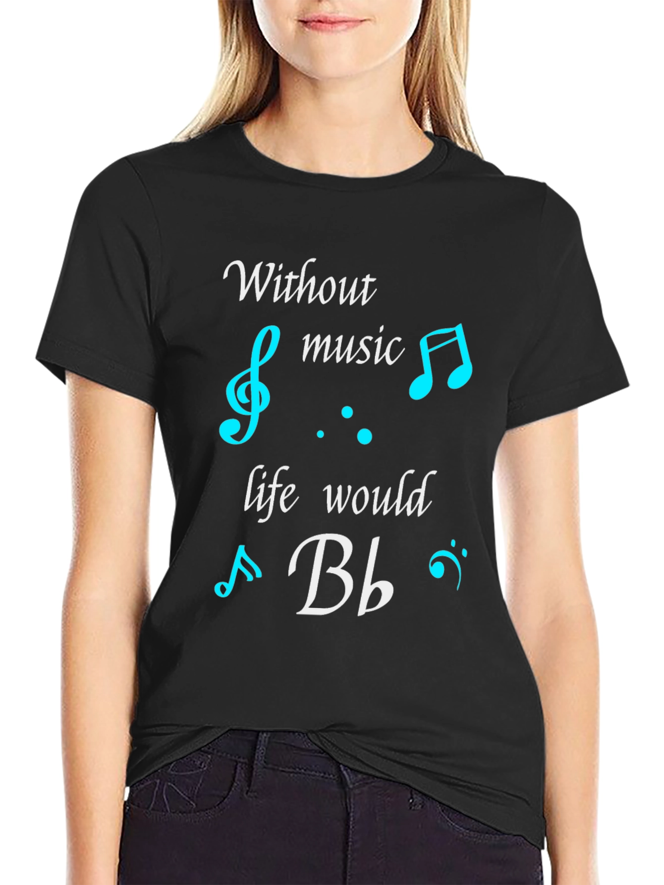 Black Music Lover's Black T-Shirt - Without Music Life Would B Flat view 2