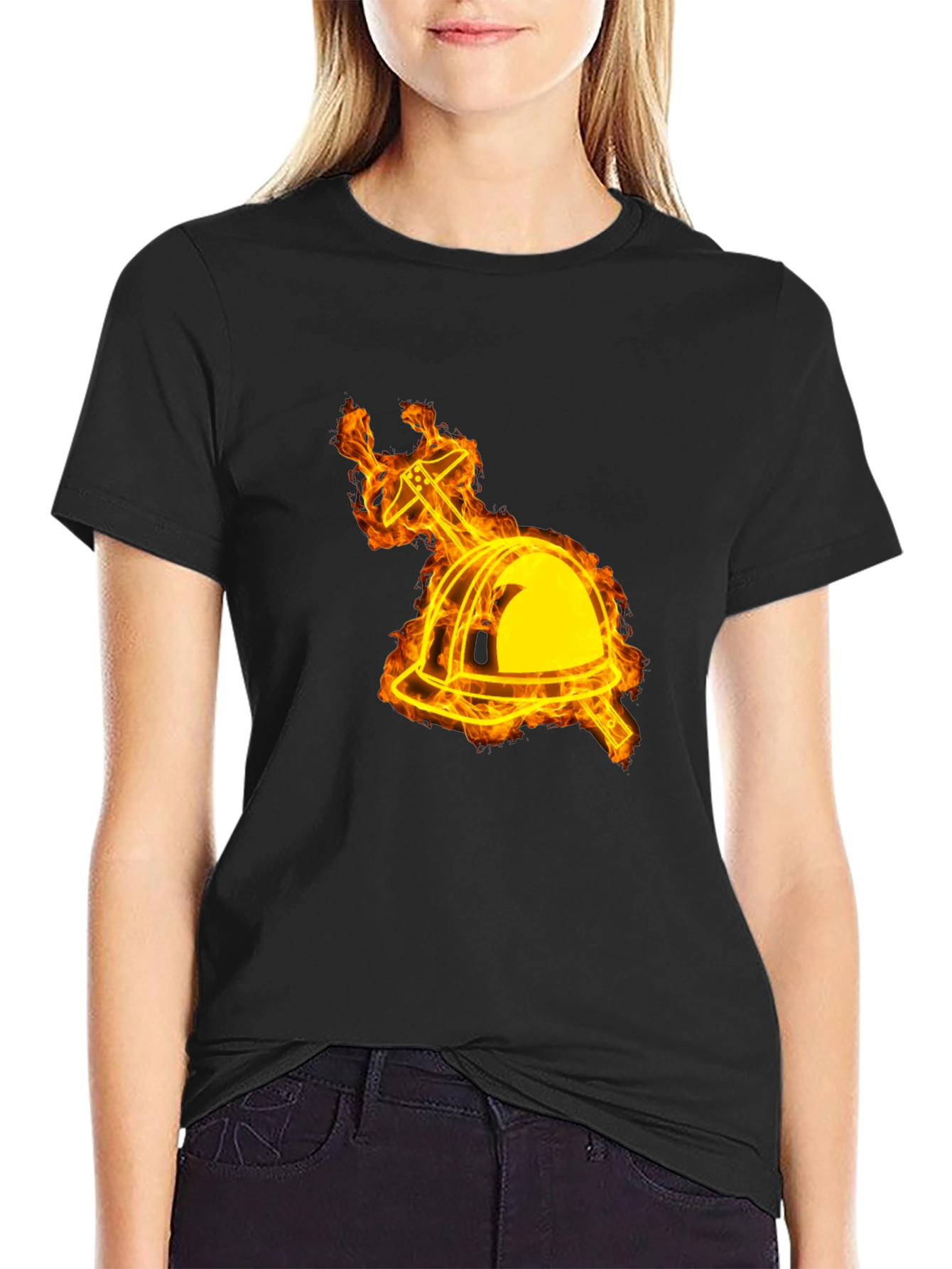 Black Flaming Firefighter Helmet Graphic Tee view 2