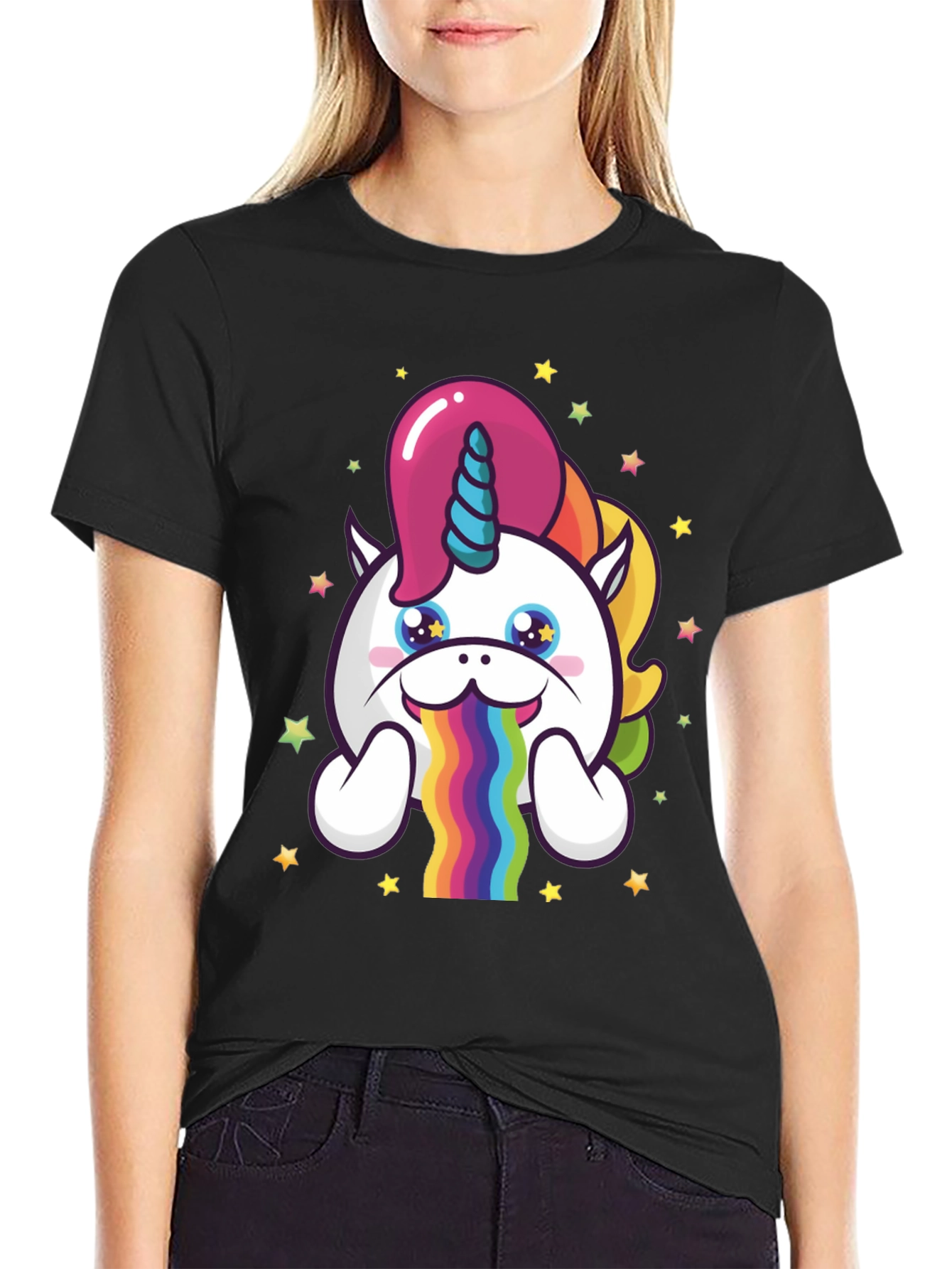 Black Unicorn Rainbow Puke Graphic Tee view 2