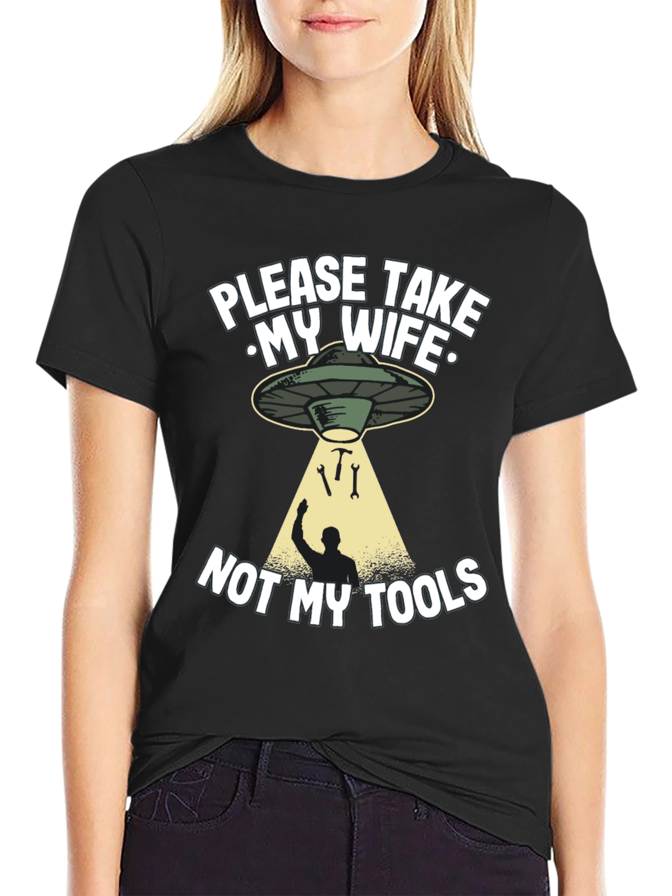 Black Funny Alien Abduction Graphic T-Shirt - Take My Wife, Not My Tools view 2