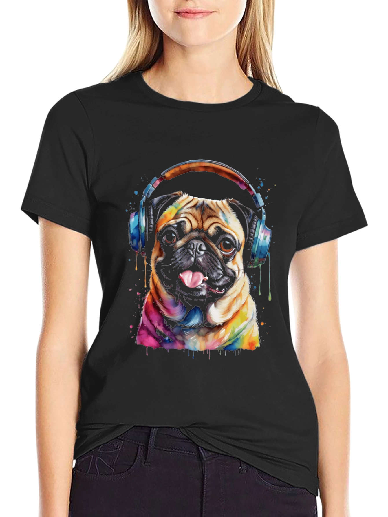 Black Pug DJ Graphic Tee - Dog Lover's Black T-Shirt view 2