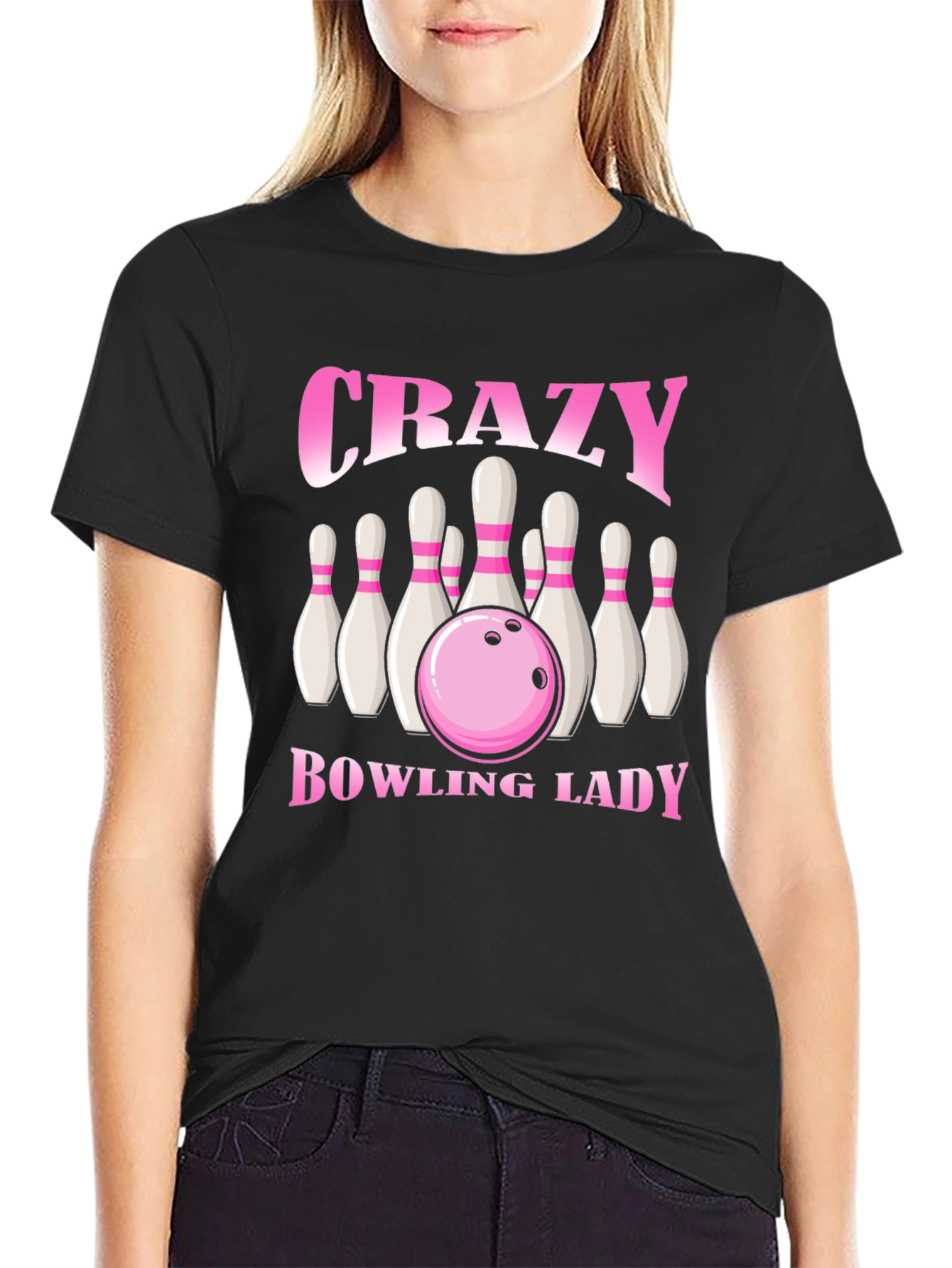 Black Crazy Bowling Lady T-Shirt - Black view 2
