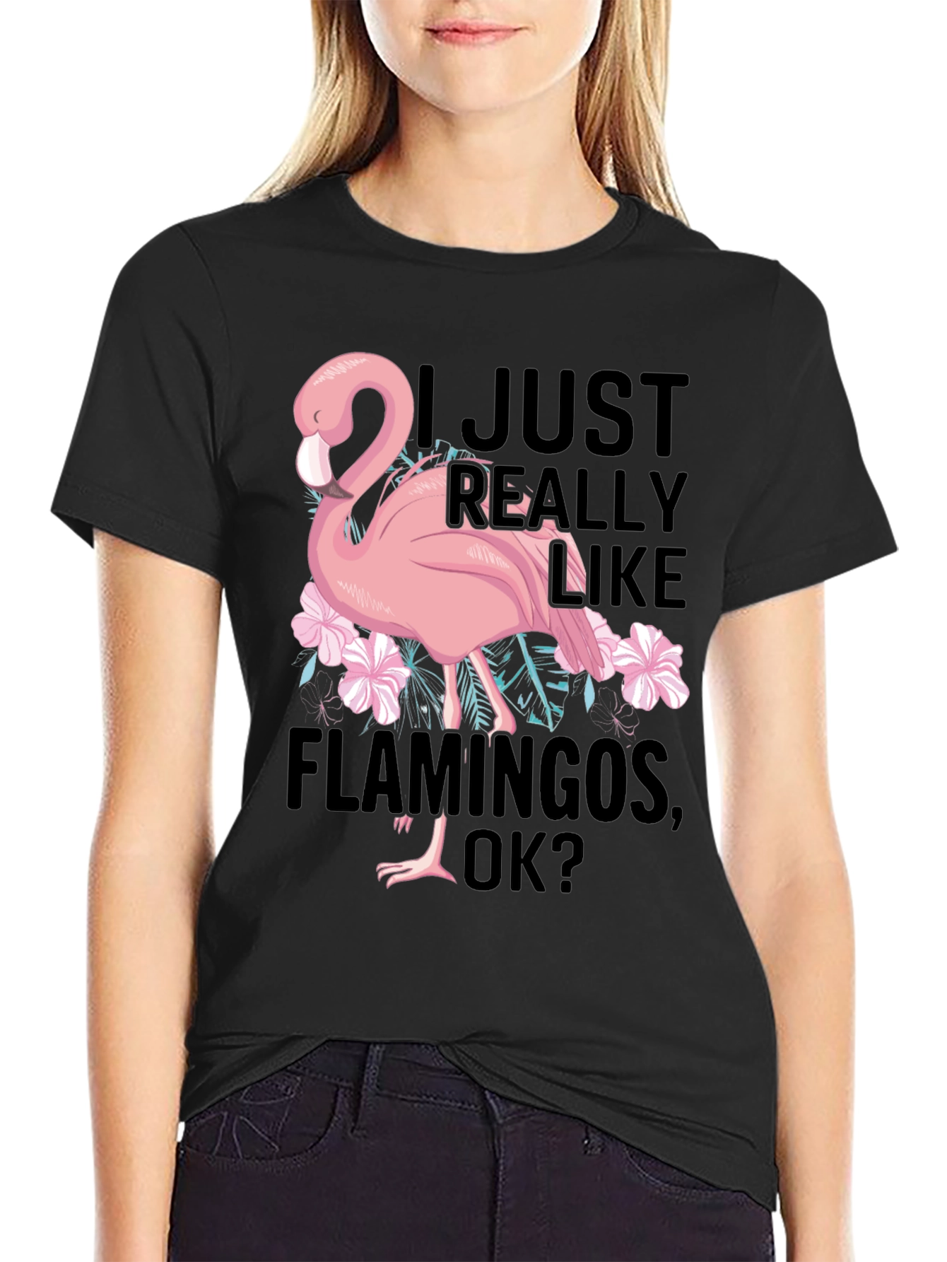 Black Funny Flamingo Graphic T-Shirt - I Just Really Like Flamingos view 2