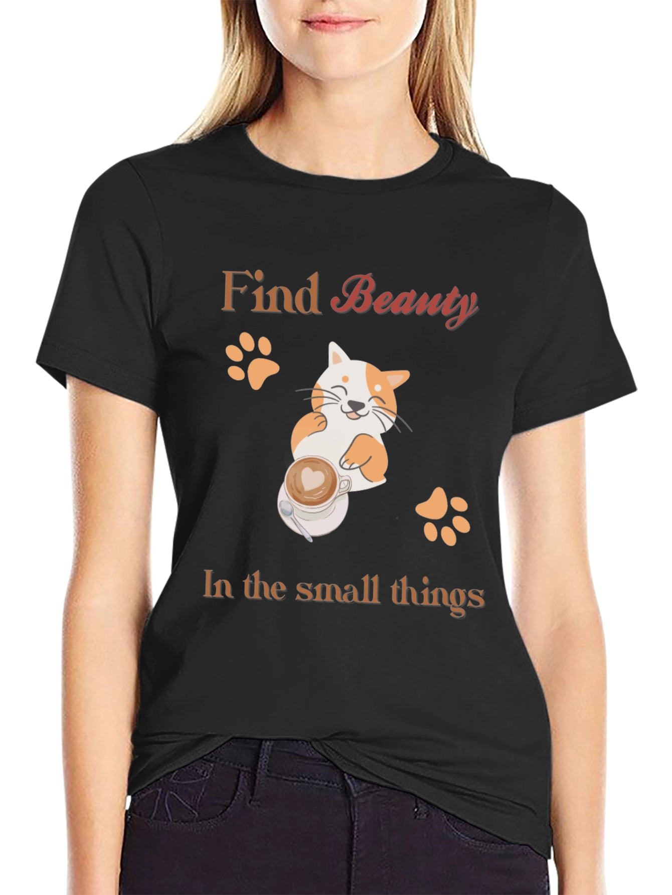 Black Find Beauty Cat Coffee Black T-Shirt view 2