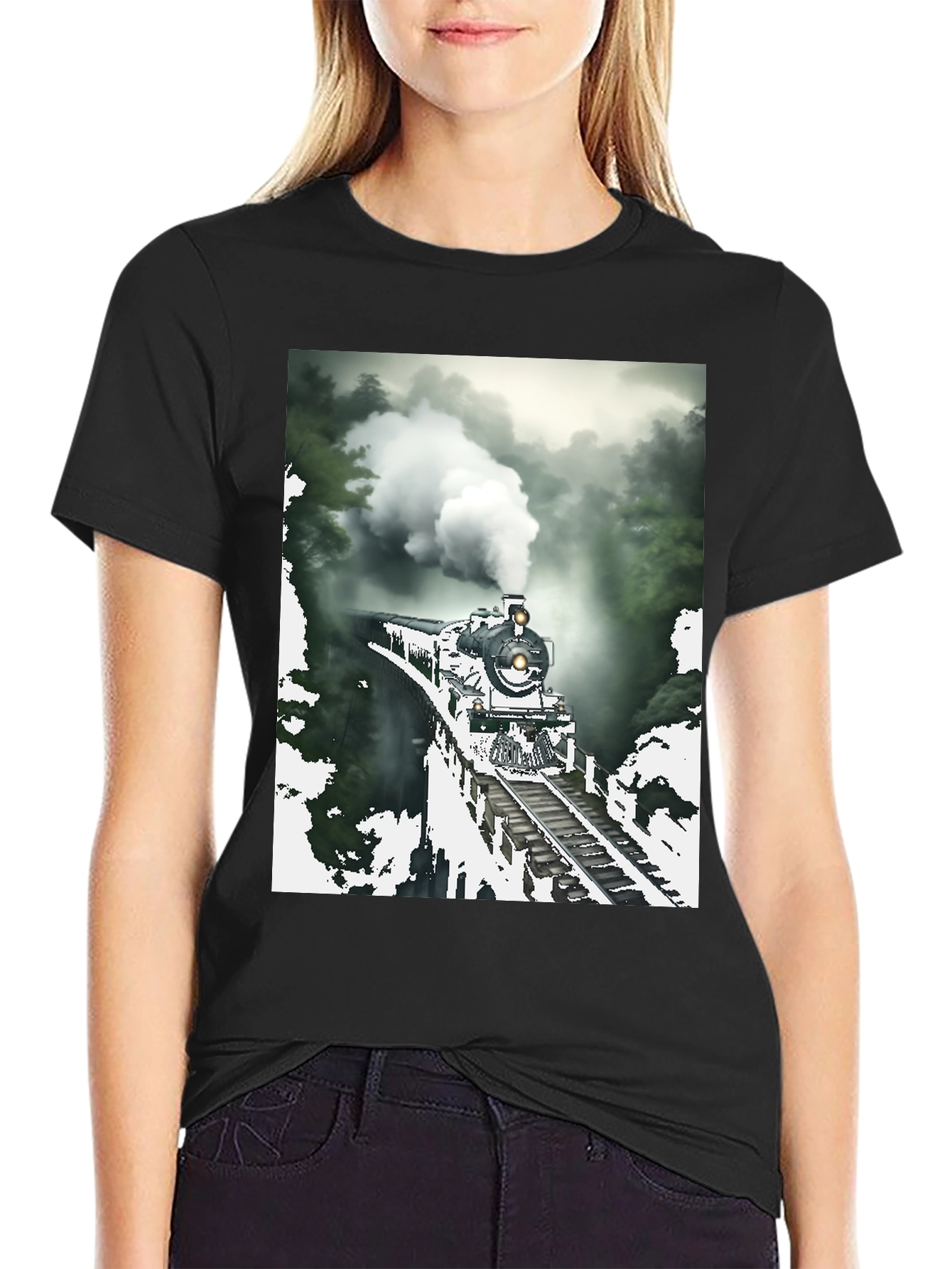 Black Steam Train Graphic Tee - Vintage Style view 2