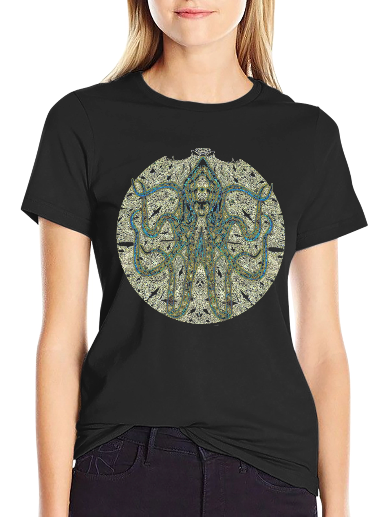 Black Octopus Mandala Black T-Shirt view 2