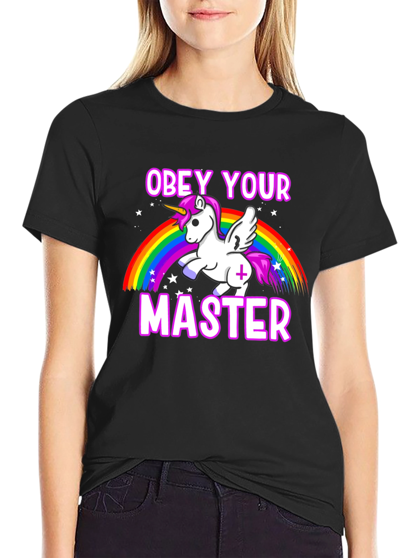Black Obey Your Master Unicorn Graphic T-Shirt view 2
