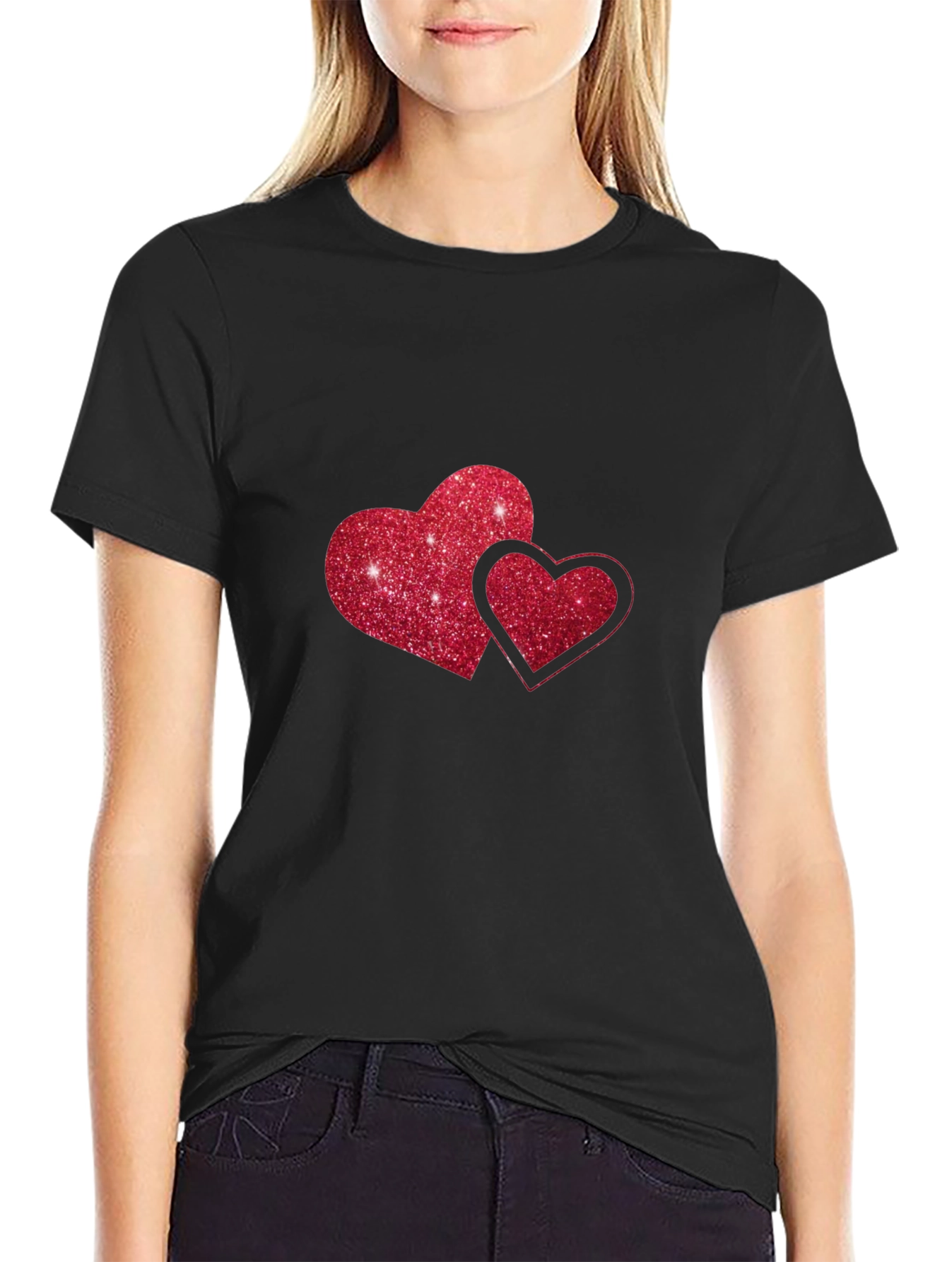 Black Black T-Shirt with Glitter Red Hearts view 2